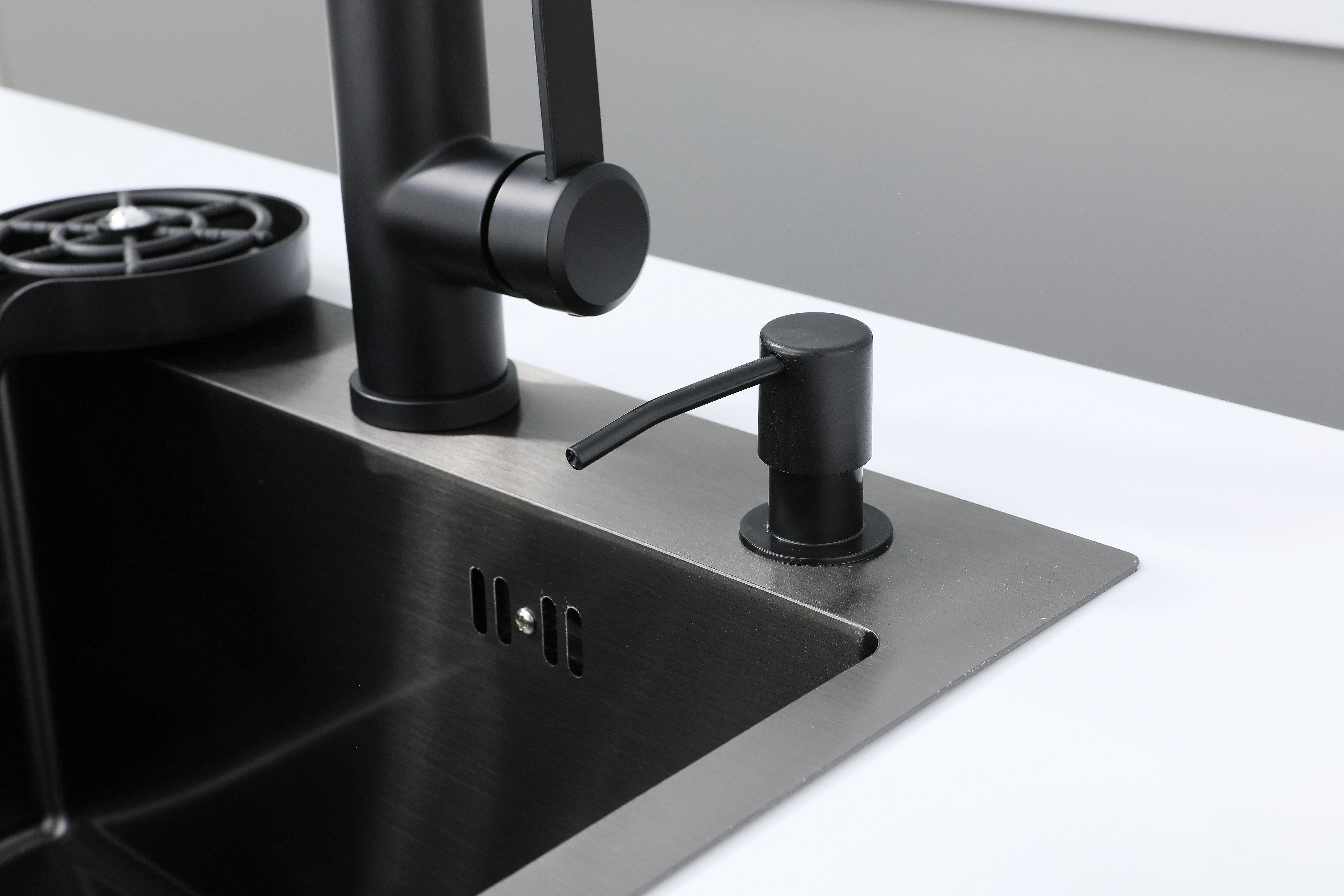 Faizee Home Stainless Steel Kitchen Sink, Black, with Wave Faucet & Accessories, 45 x 45 x 21.5 cm