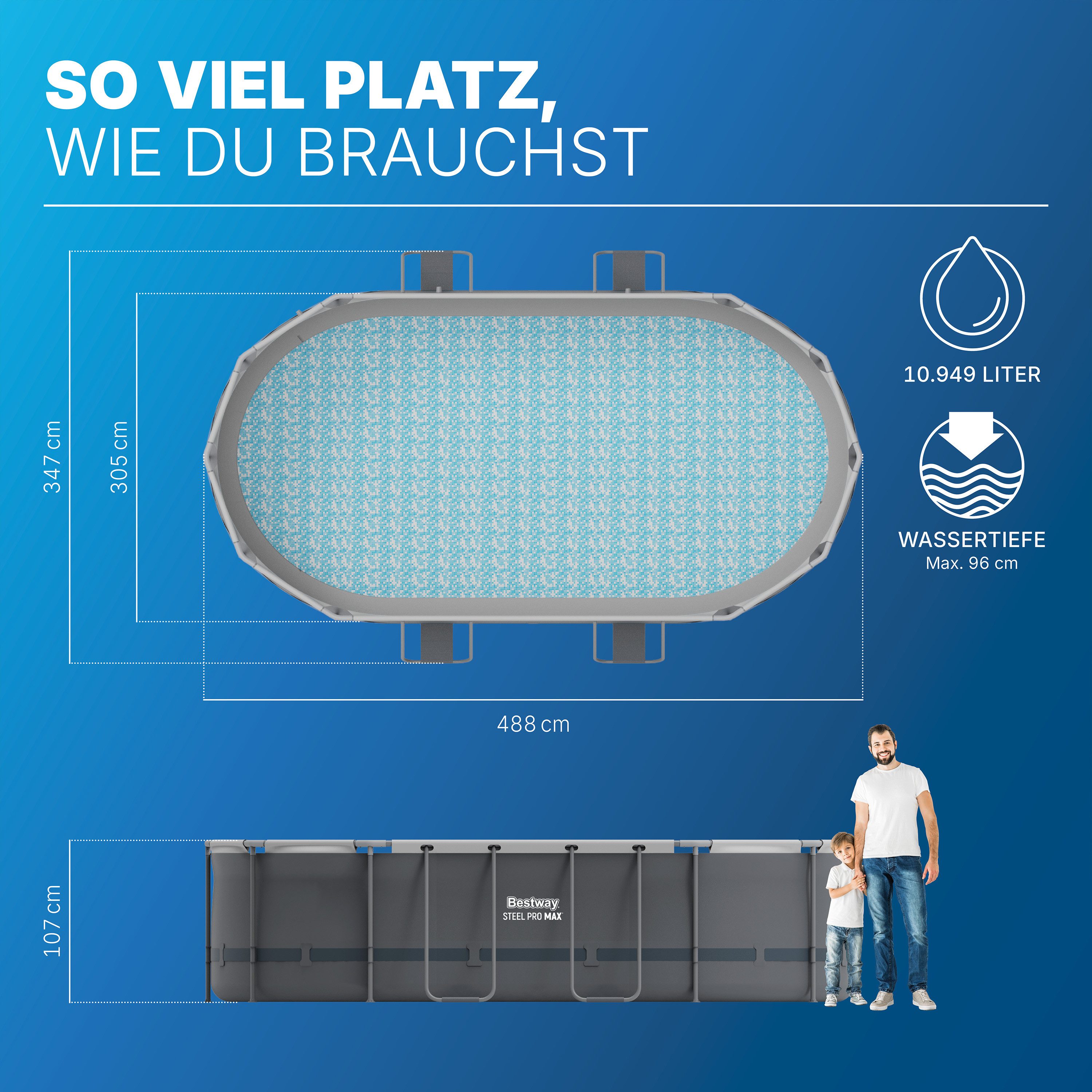 Bestway Framepool Steel Pro MAX™ (Set, Inkl. Filterpumpe, Sicherheitsleiter,Abdeckplane), 488 x 305 x 107 cm