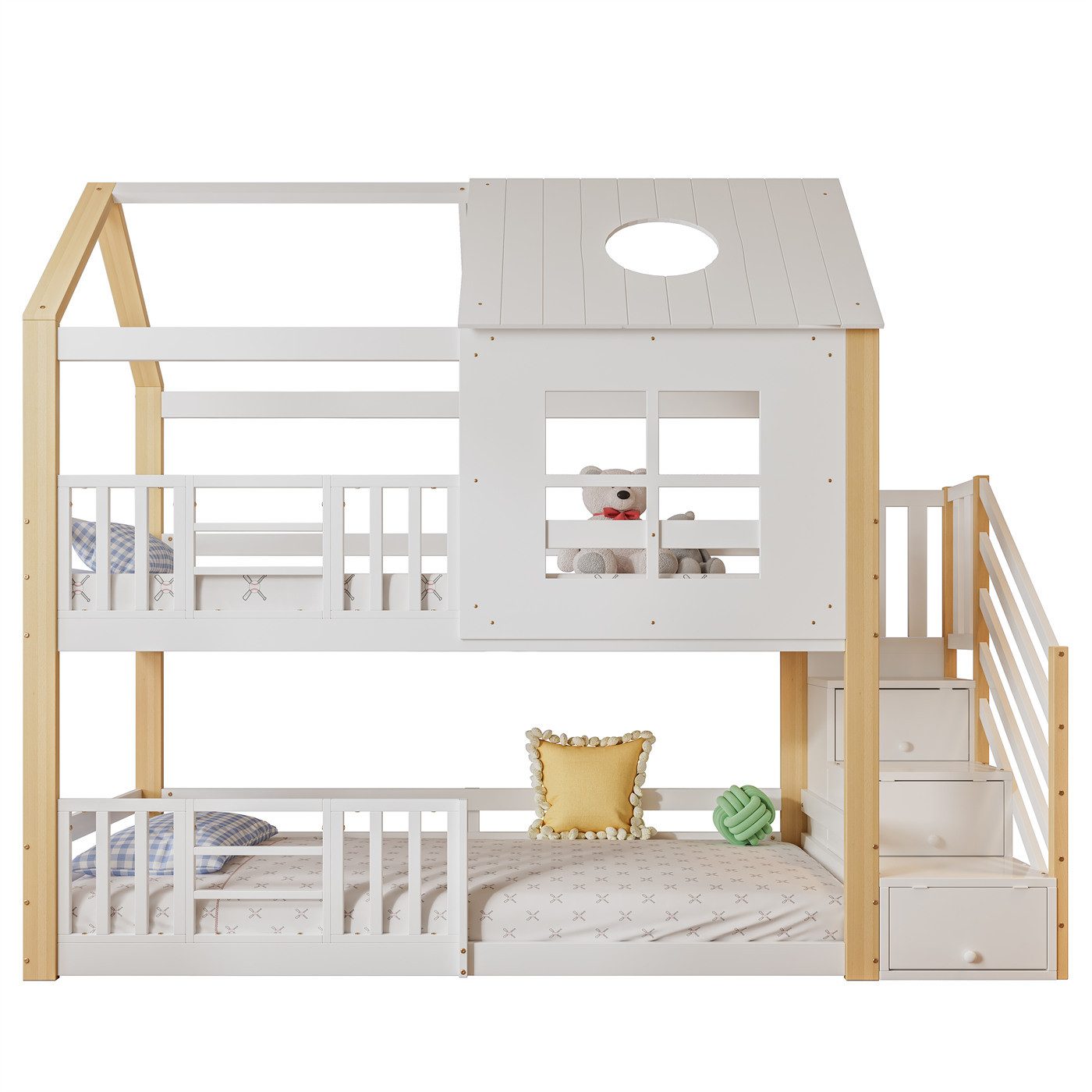 Kinderbett Etagenbett mit Aufbewahrungstreppe,Hausbett, Kinderbett