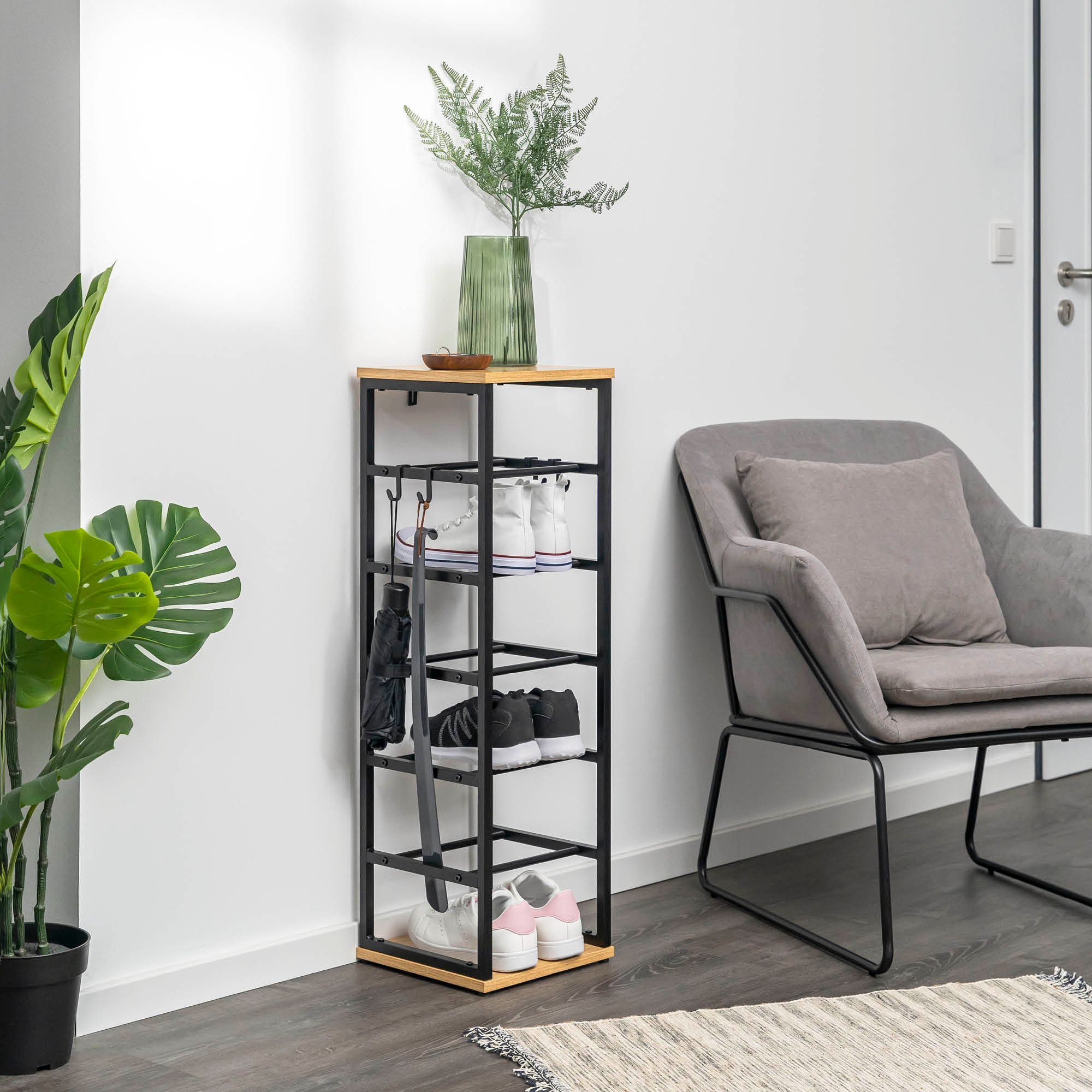 eluno Schuhregal für max. 6 Paar Schuhe, 2 Holzablagen, 4 Haken günstig online kaufen