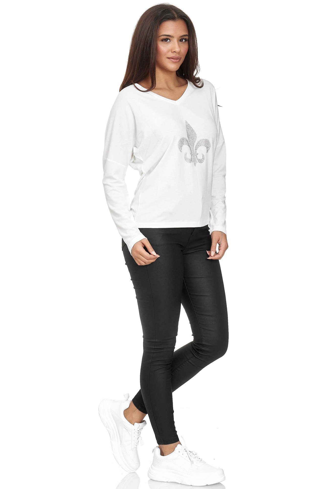 trendiger mit Strass-Applikation weiß Decay Langarmshirt