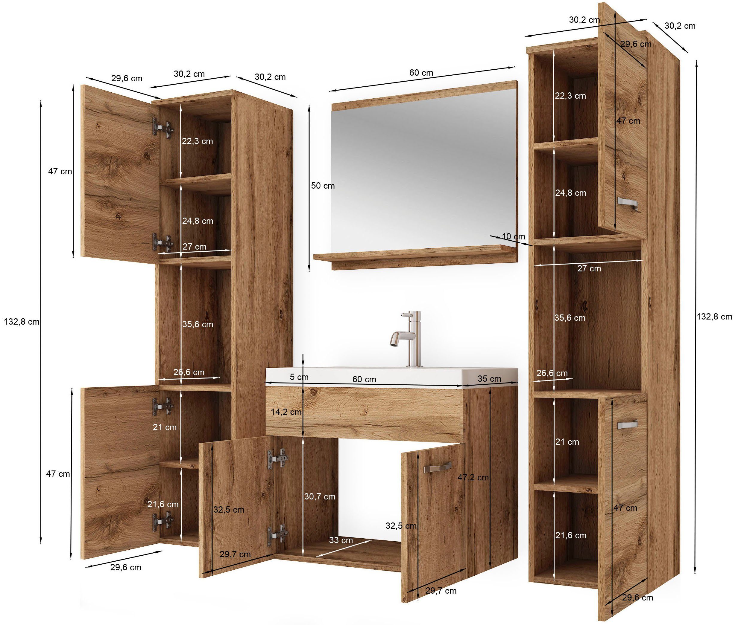 welltime Badmöbel-Set Lorca, (4-St), Badezimmer Waschbecken Lorca Hochglanz 60cm / matt Unterschrank Weiß Set Badmöbel Grau XL