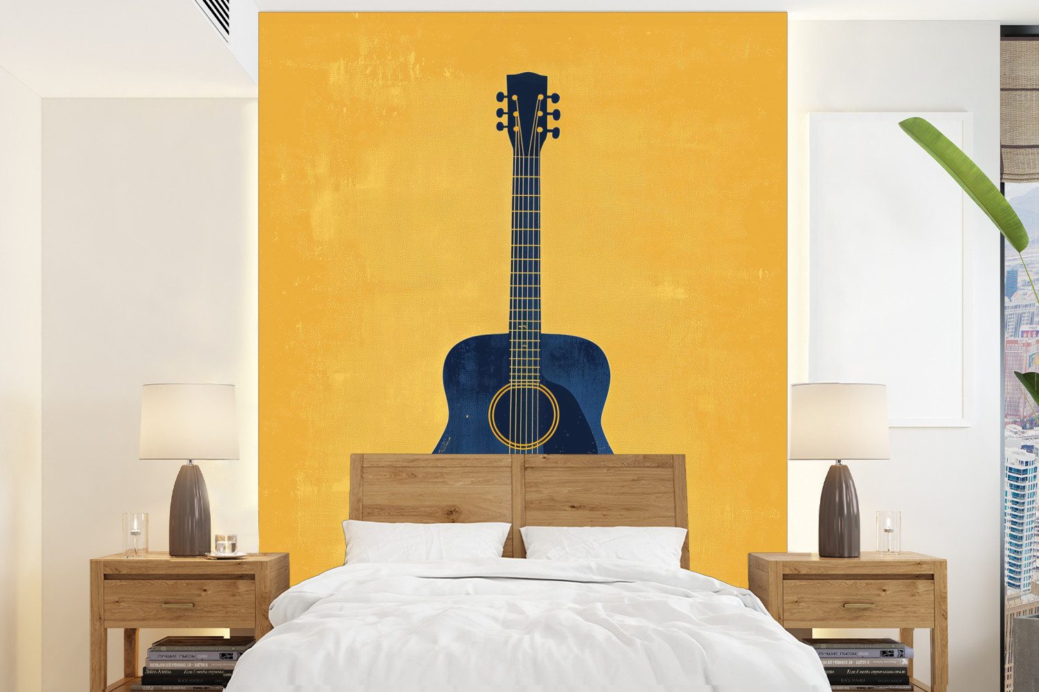 MuchoWow Fototapete Gitarre - Akustisch - Gelb - Minimalistisch, Matt, bedruckt, Wallpaper für Wohnzimmer, Schlafzimmer, Vinyl Tapete, 165x220 cm