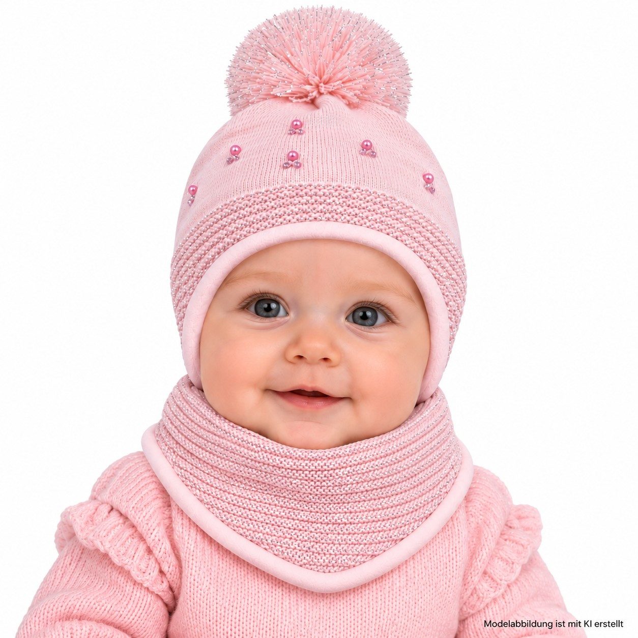 AJS Mütze & Schal Strickmütze Strickschal Winterset Dreiecktuch Babymütze Gr. 36-38 mit Baumwolle gefüttert