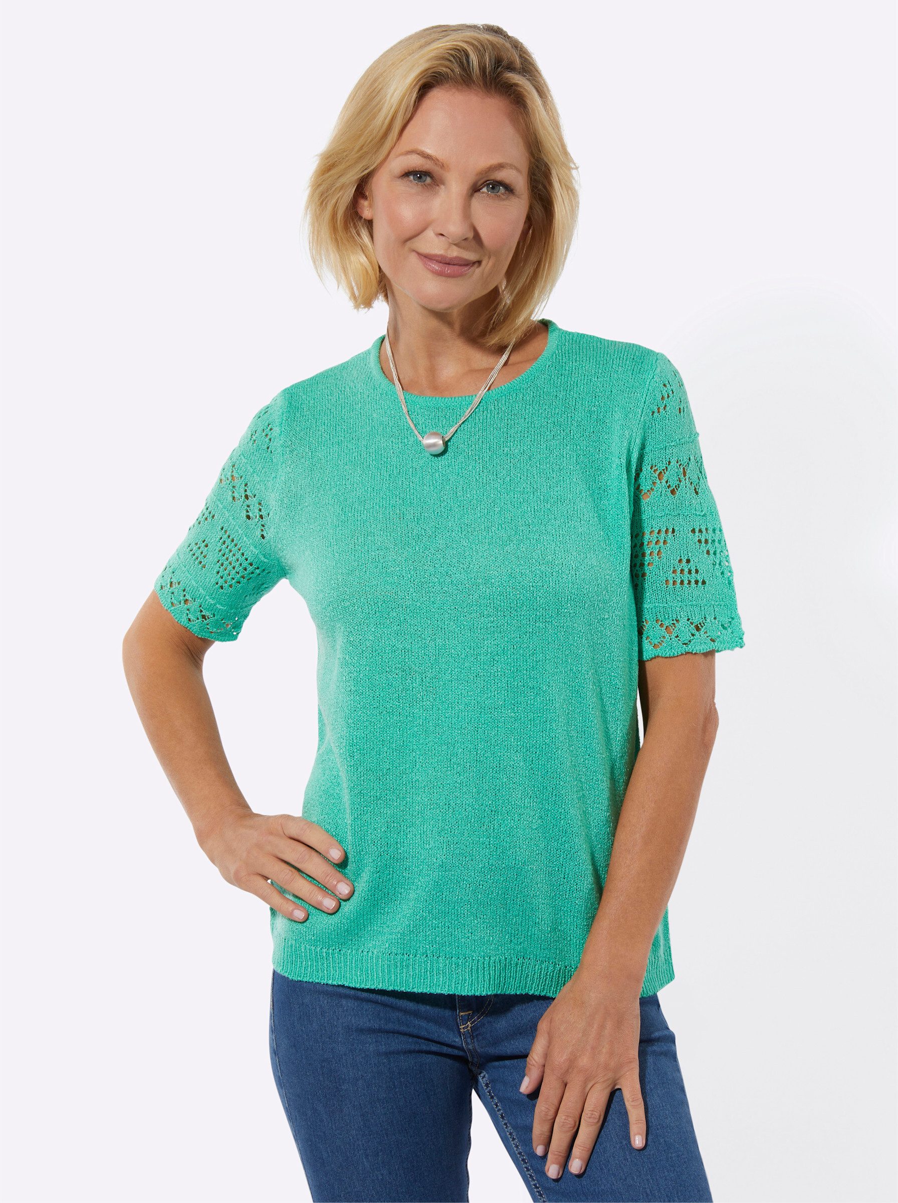 Witt Strickpullover Bouclé-Pullover Kurzarm Bouclé, Ajour