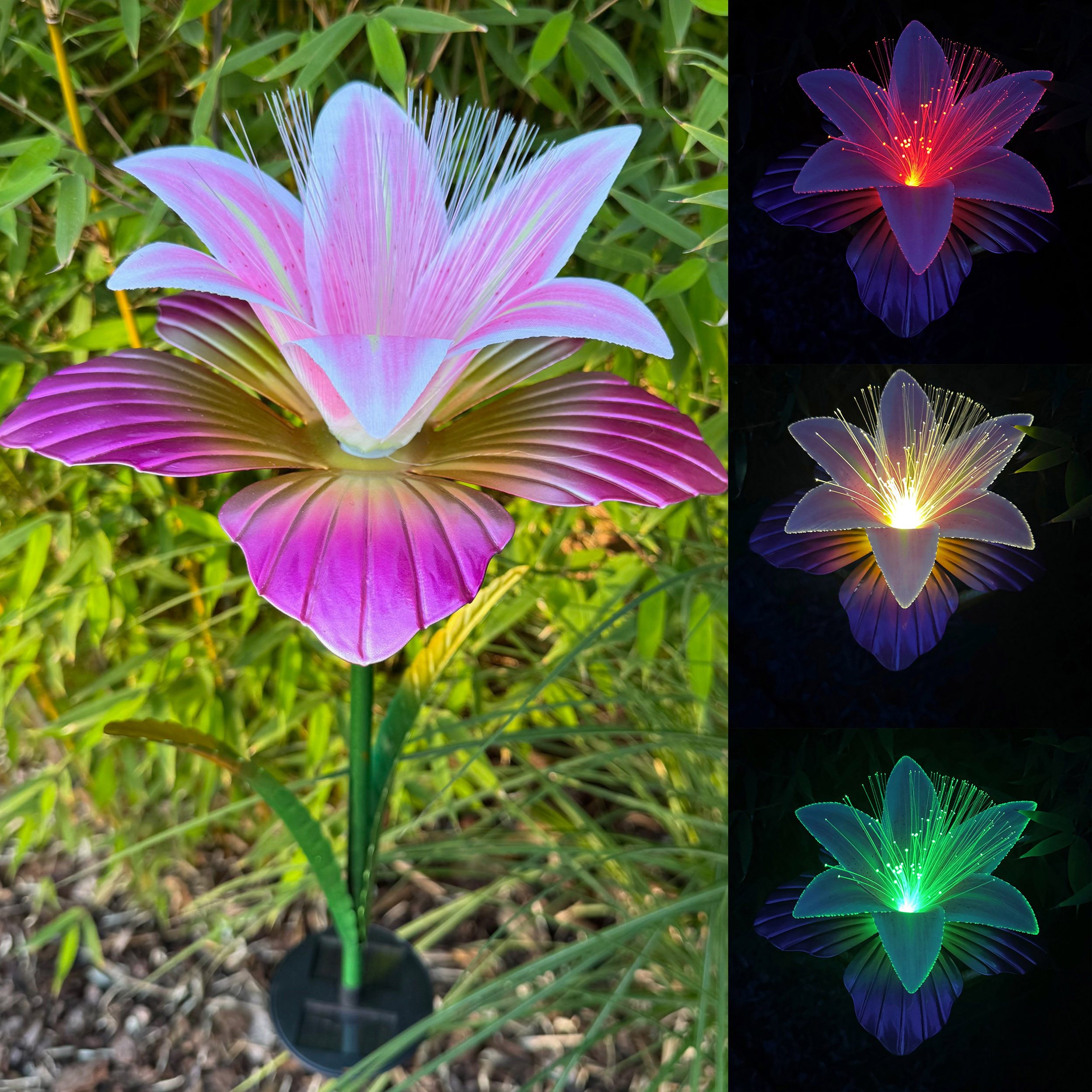 Online-Fuchs Gartenstecker aus Metall - LED Solarleuchte Lilie für außen - Gartendekoration (Warmweiß oder Farbwechsel möglich, Beetstecker) 97 cm groß - Gartendeko für Balkon, Terrasse