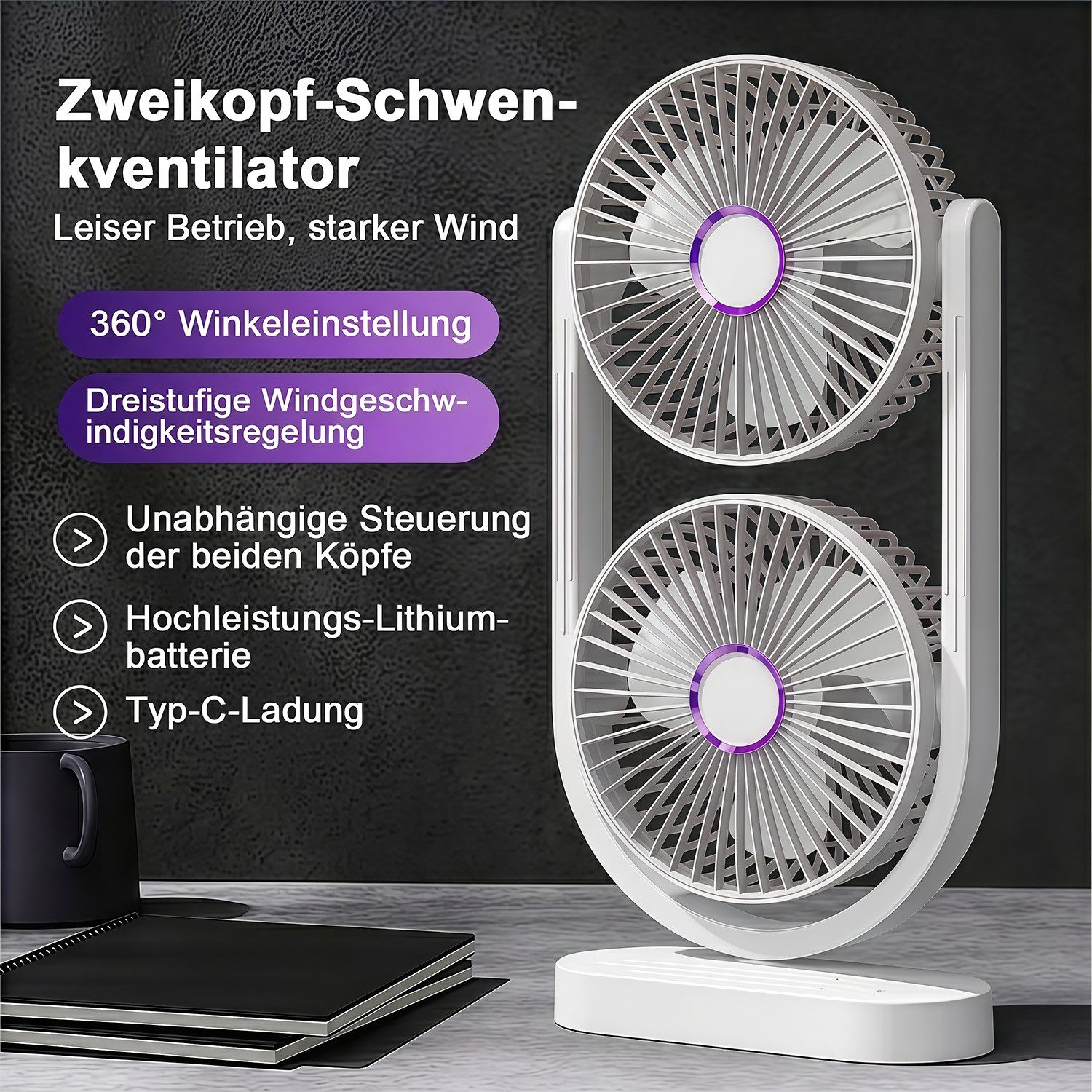 MOPUEA Standventilator 360° Drehbar Doppelkopf Luftzirkulationsventilator USB Tischventilator, Standventilator Luftzirkulation Leise USB Aufladbar