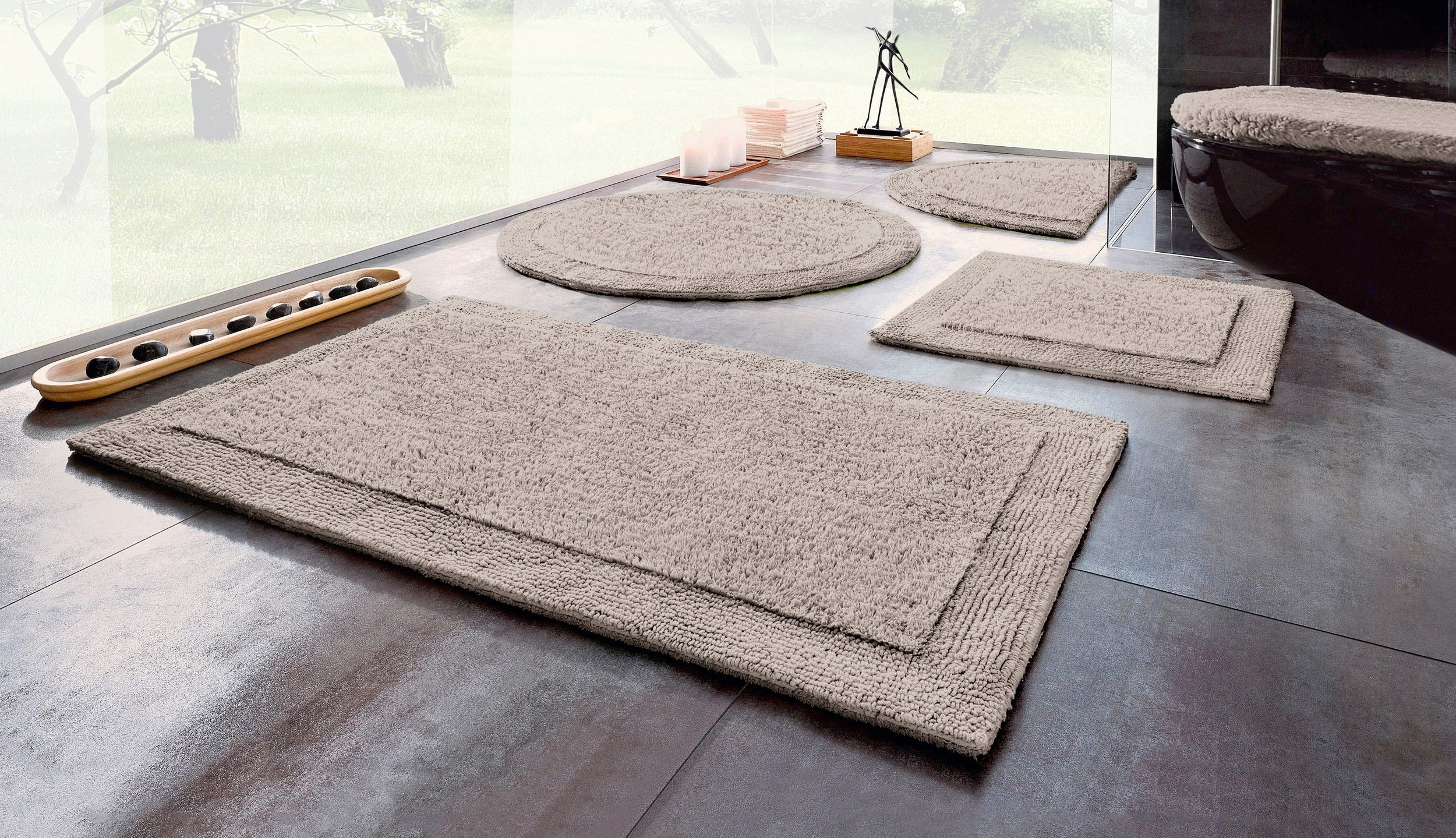 OTTO home Badematte Kapra, Badvorleger, Badezimmer Teppich, Höhe 14 mm, beidseitig nutzbar, strapazierfähig, fußbodenheizungsgeeignet, Baumwolle, halbrund, mit Bordüre, Badteppich, Badematte, Baumwolle