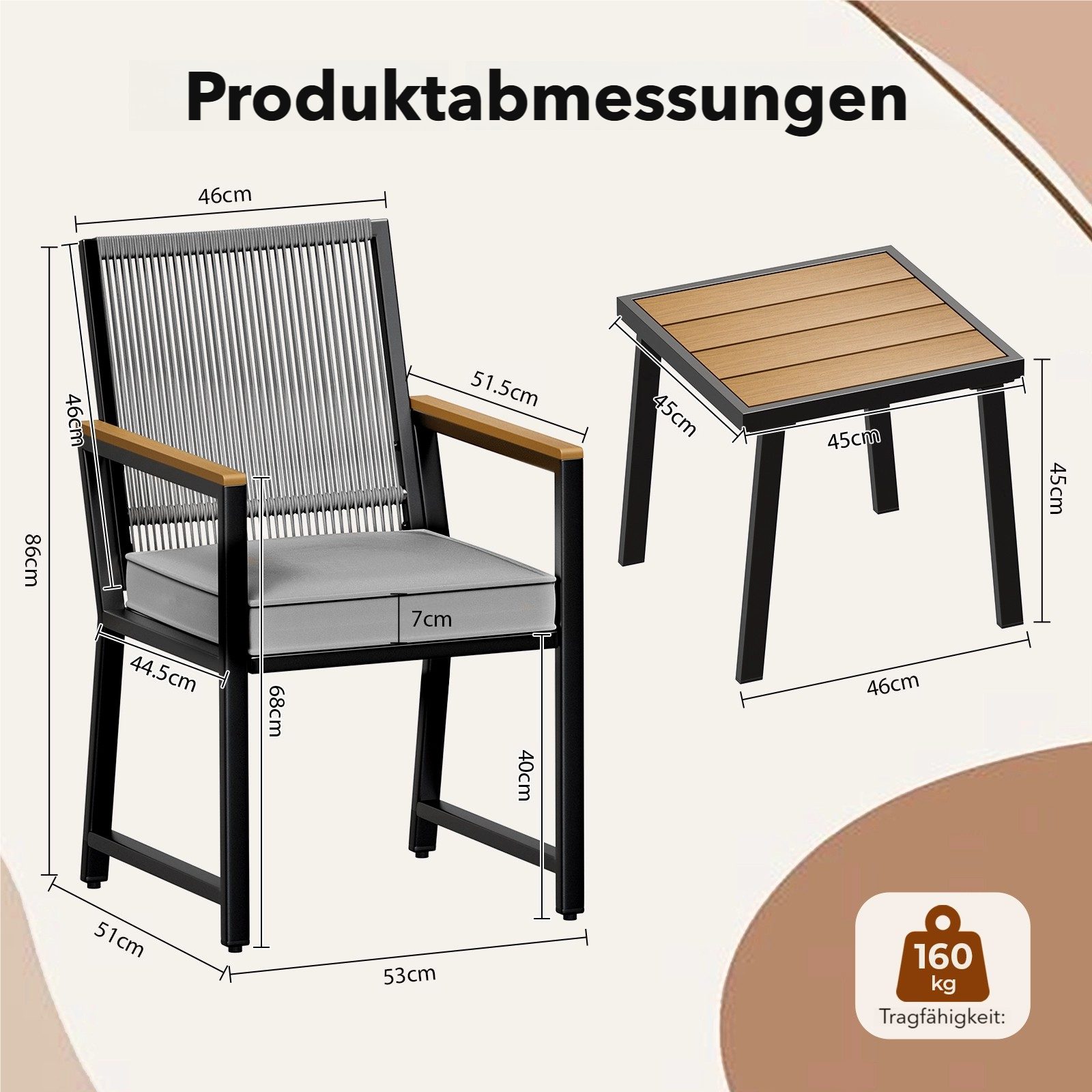 TLGREEN Gartenlounge-Set 3-teiliges Gartenmöbel-Set aus Eisen und Rattan – 2 Stühle + 1 Tisch, (3-tlg., 2 Gartenstuhl,1 Gartentisch, mit Kissen), für Terrasse,  – Bild 2 von 5