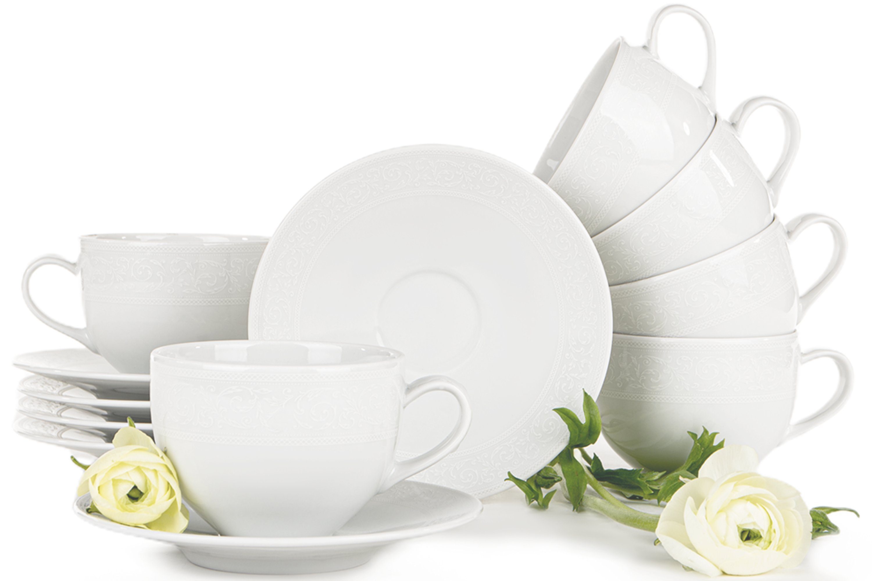 KONSIMO® Kaffeeservice AMELIA Tasse & Untertasse (12-tlg), 6 Personen, Porzellan, 250ml, Klassisch-Stil