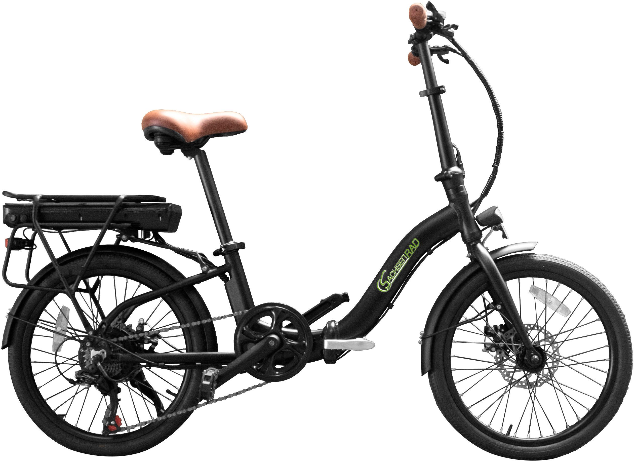 SachsenRAD E-Bike Faltrad F2 mit Alarmanlage, 7 Gang Shimano Shimano SIS 7-Gang-Schaltung Schaltwerk, Kettenschaltung, Heckmotor, 470 Wh, LCD-Steuerdisplay, Fahrmodus Pedelec, LED-Frontlicht, LED-Rücklicht