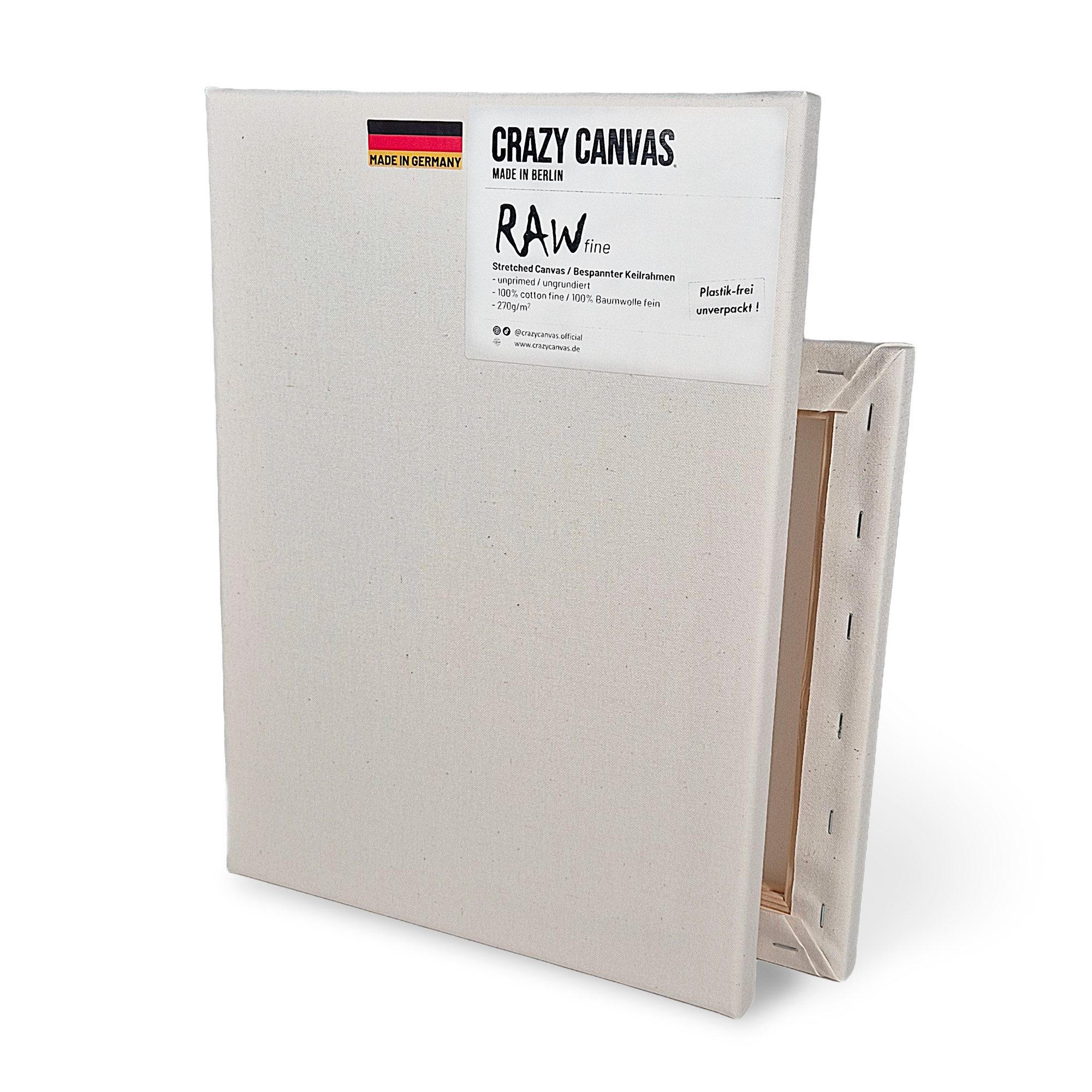 Crazy Canvas Leinwand RAW Fine 30x30 cm, 2er Pack, feine Struktur, versandfrei, ungrundiert, 270 g/m², feine Struktur, helle Optik, Made in Berlin