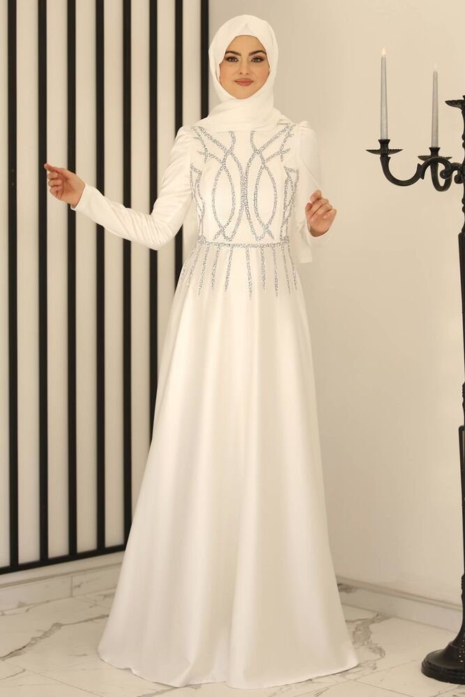 Modavitrini Satinkleid Damen Abendkleid Maxikleid Abiye Abaya mit Schmucksteinen Schmucksteine Ecru-Weiß