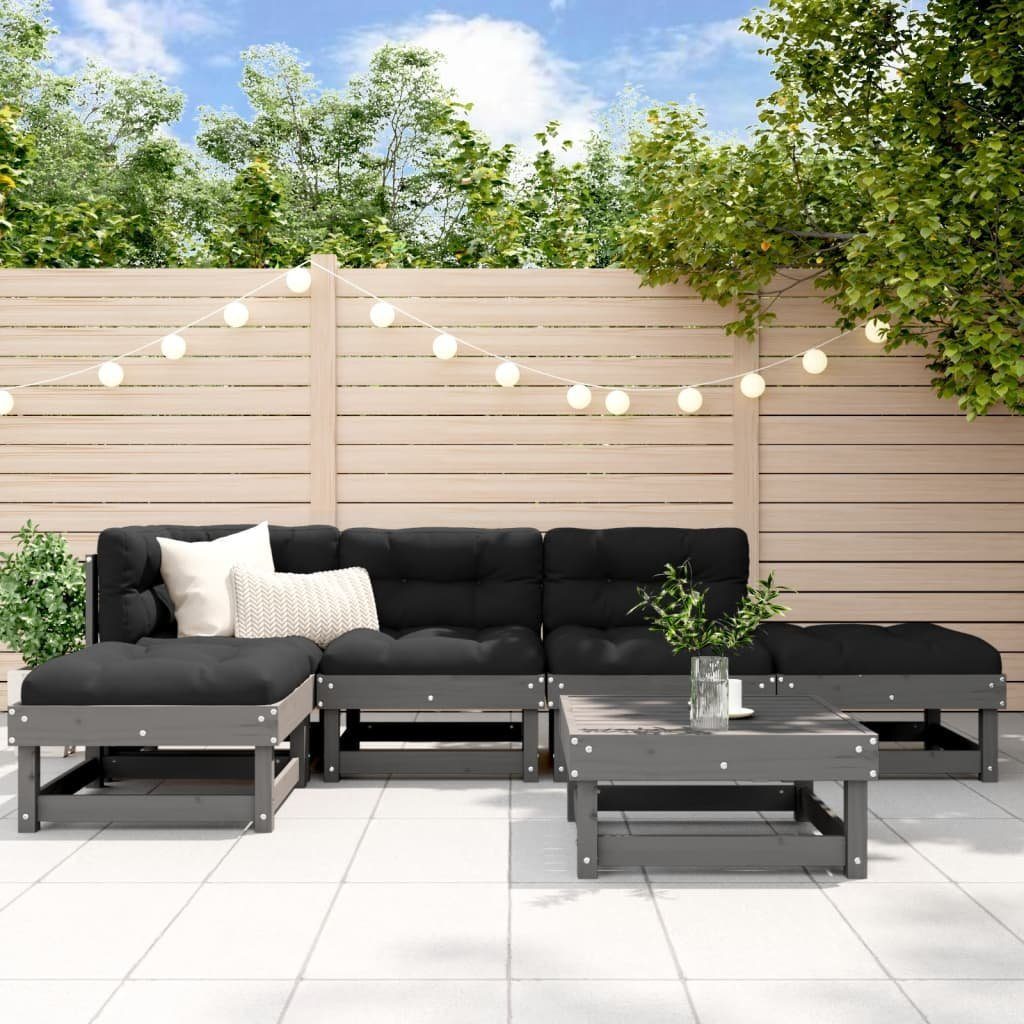 vidaXL Gartenlounge-Set 6-tlg. Garten-Lounge-Set mit Kissen Grau Massivholz, (6-tlg)