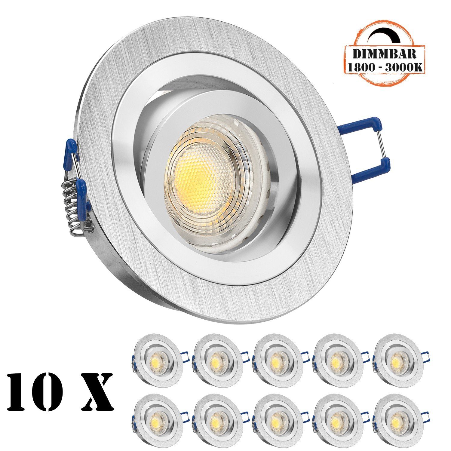 LEDANDO LED Einbaustrahler 10er LED Einbaustrahler Set GU10 in aluminium gebürstet mit 5,5W LED v