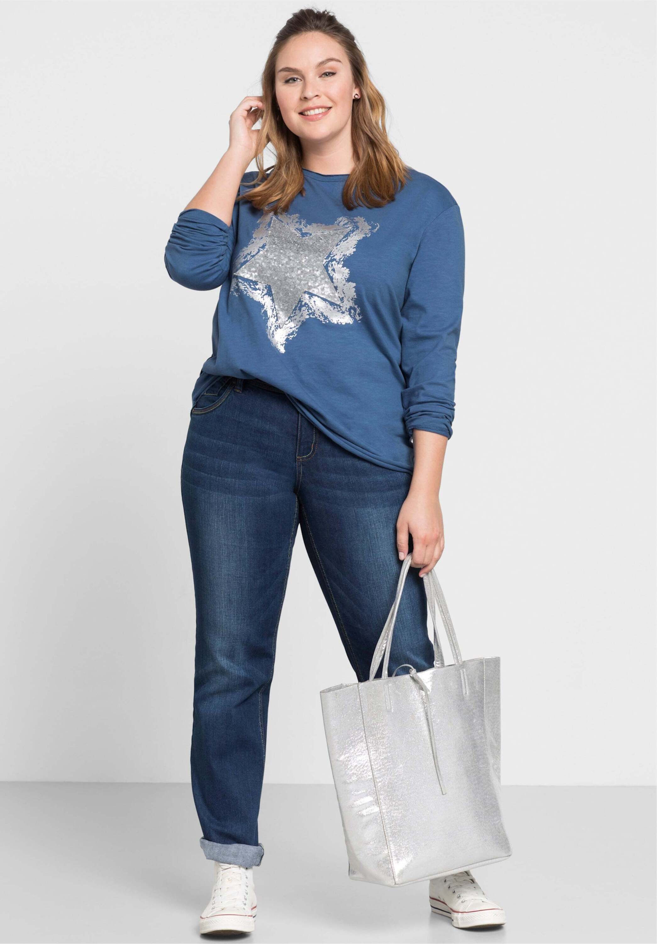 Sheego Bequeme Jeans Stretch-Jeans mit gerader Beinform, individuelle Used-Effekte
