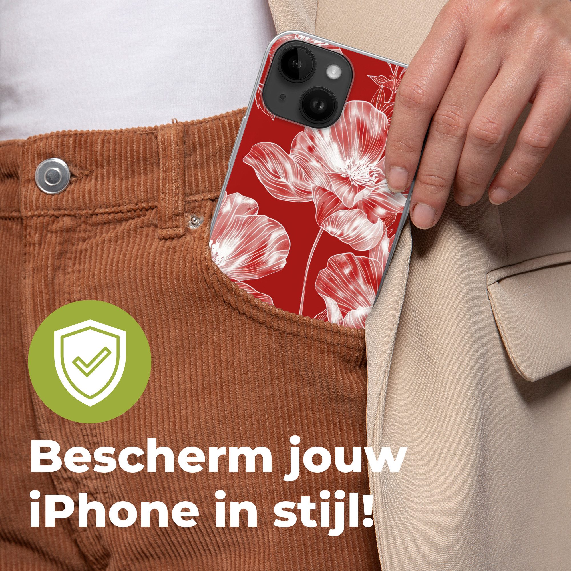 MuchoWow Handyhülle für Apple iPhone 14 Blumen - Muster - Rot - Weiß, Smartphone-Bumper, Print, Handy Schutzhülle Dünn