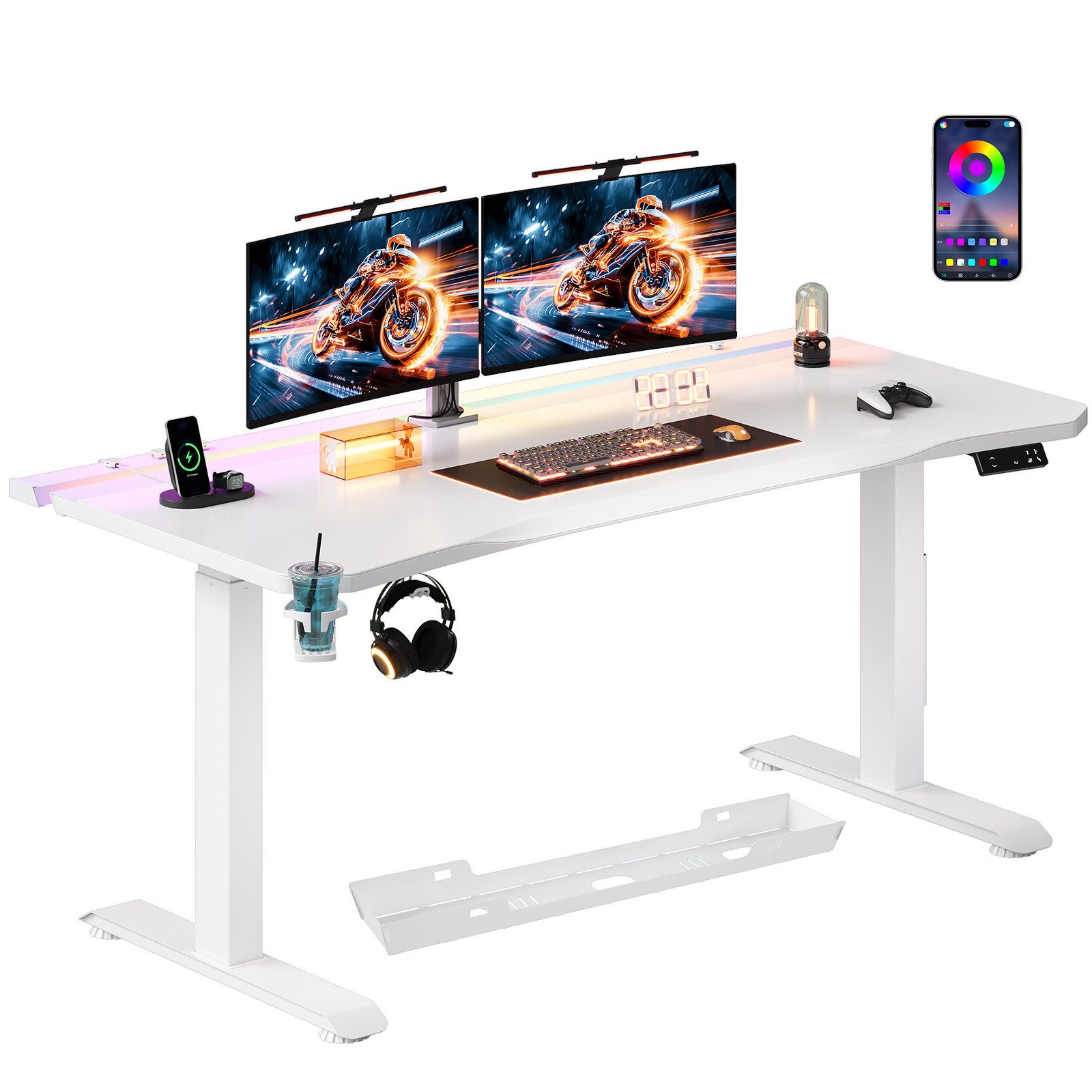 HOMALL Gamingtisch Höhenverstellbarer Schreibtisch, Gaming-Tisch mit RGB-LED-Beleuchtung (Maße: 160 × 70 cm, höhenverstellbarer Schreibtisch mit zwei Motoren, 4 voreingestellte Höhenstufen, 20 mm dicke Tischplatte in Kunstlederoptik, ausgestattet mit Kabelführung, Kopfhörerhalter und Getränkehalter, maximale Belastbarkeit 120 kg)