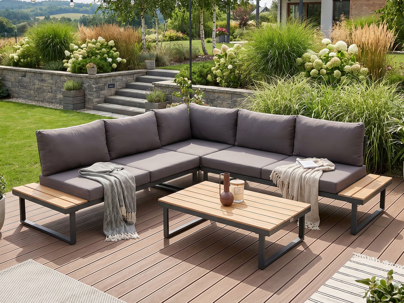Beautysofa Gartenlounge-Set MADISON modulare Ecklounge mit Gartentisch, (Stahlgestell, Polywood-Elemente, 4-tlg., 2 Sofas, 1 Eckmodul, 1 Couchtisch), Maße 219,5 × 219,5 × 64 cm