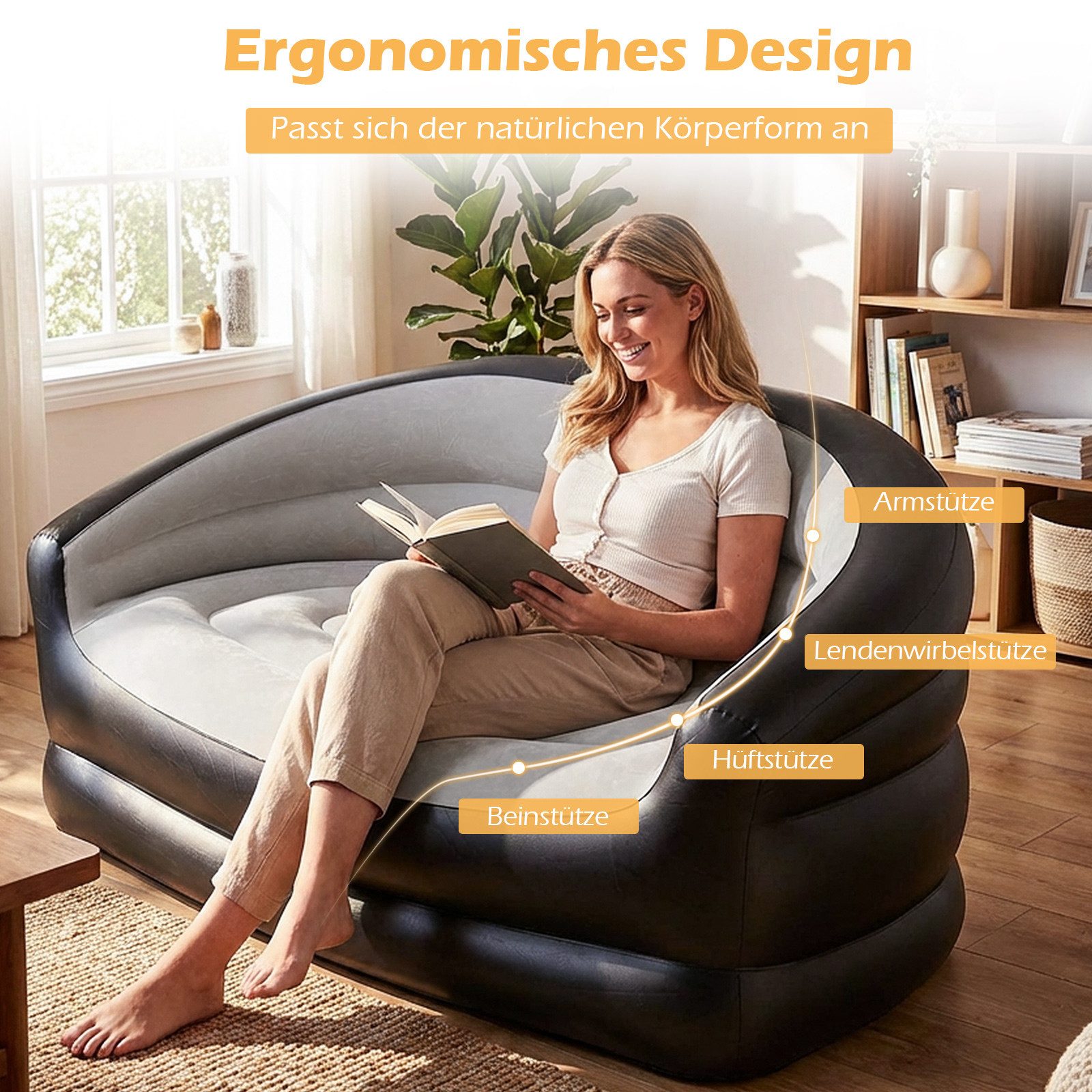 COSTWAY Luftsofa, Aufblasbares 2-Sitzer-Luftsessel mit beflockt-Oberfläche