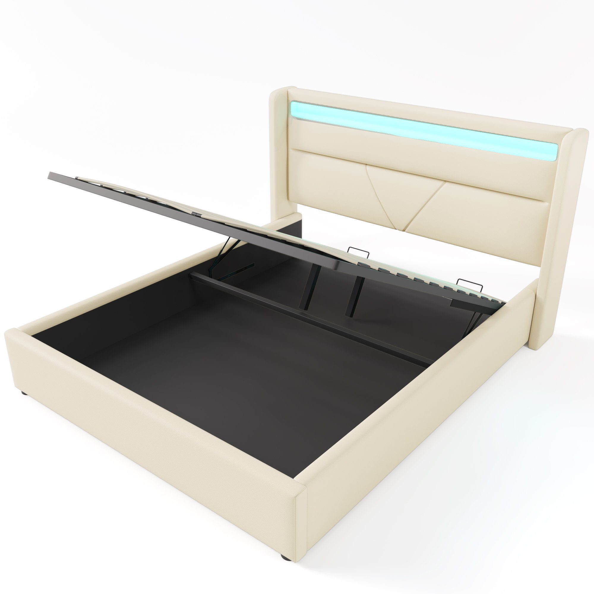 Gotagee Polsterbett Doppelbett mit LED+Stauraum Hydraulisch Mit Polsterbett Fernbedienung Weiß/Grau