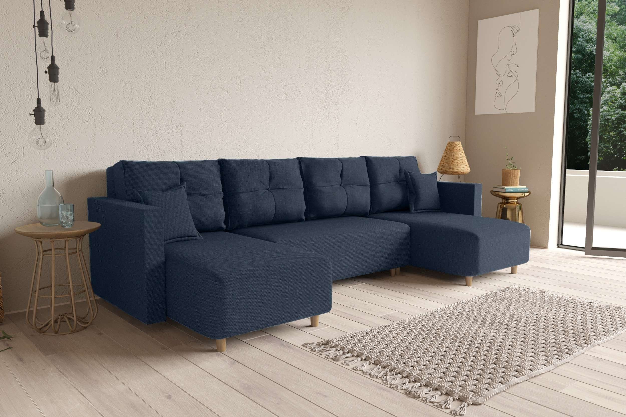 frei Stylefy Design, Kissen im und inklusive Bonellfederkern, Sofa, Skan, mit Modern Bettfunktion Wohnlandschaft Raum mit stellbar, U-Form, Bettkasten,