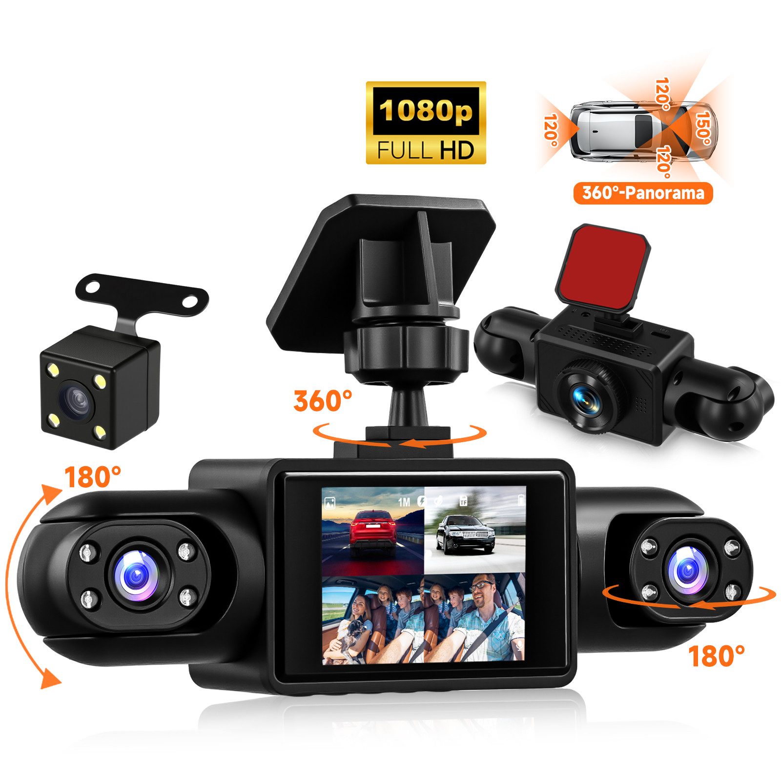 Hikity Auto Dashcam 4 Kanäle 2 Zoll 4K 1080P HD Auto Kamera Dashcam (360°-Überwachung)
