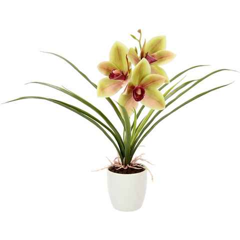 Kunstblume Orchidee, I.GE.A., Höhe 32 cm, Mit Blätter im Topf aus Keramik Künstliche Blume Cymbidium-Orchidee