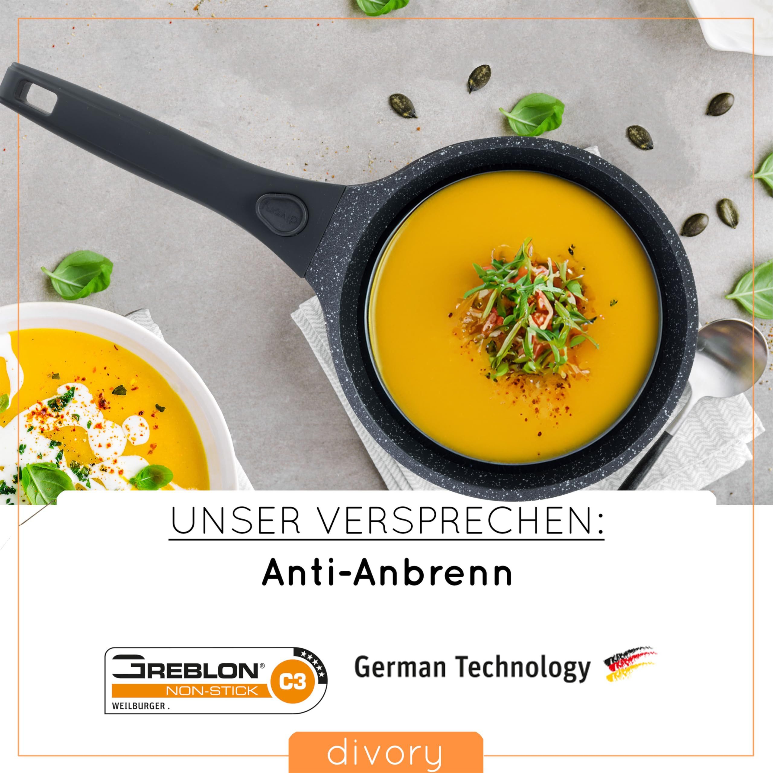 divory Kasserolle 18cm Abnehmbarer Griff - 2L Stielkasserolle mit Deckel, Aluminium (Induktion, Spülmaschinen geeignet & Backofenfest, Schwarz), Stieltopf klein - Milchtopf beschichtet, abnehmbarer Stielgriff