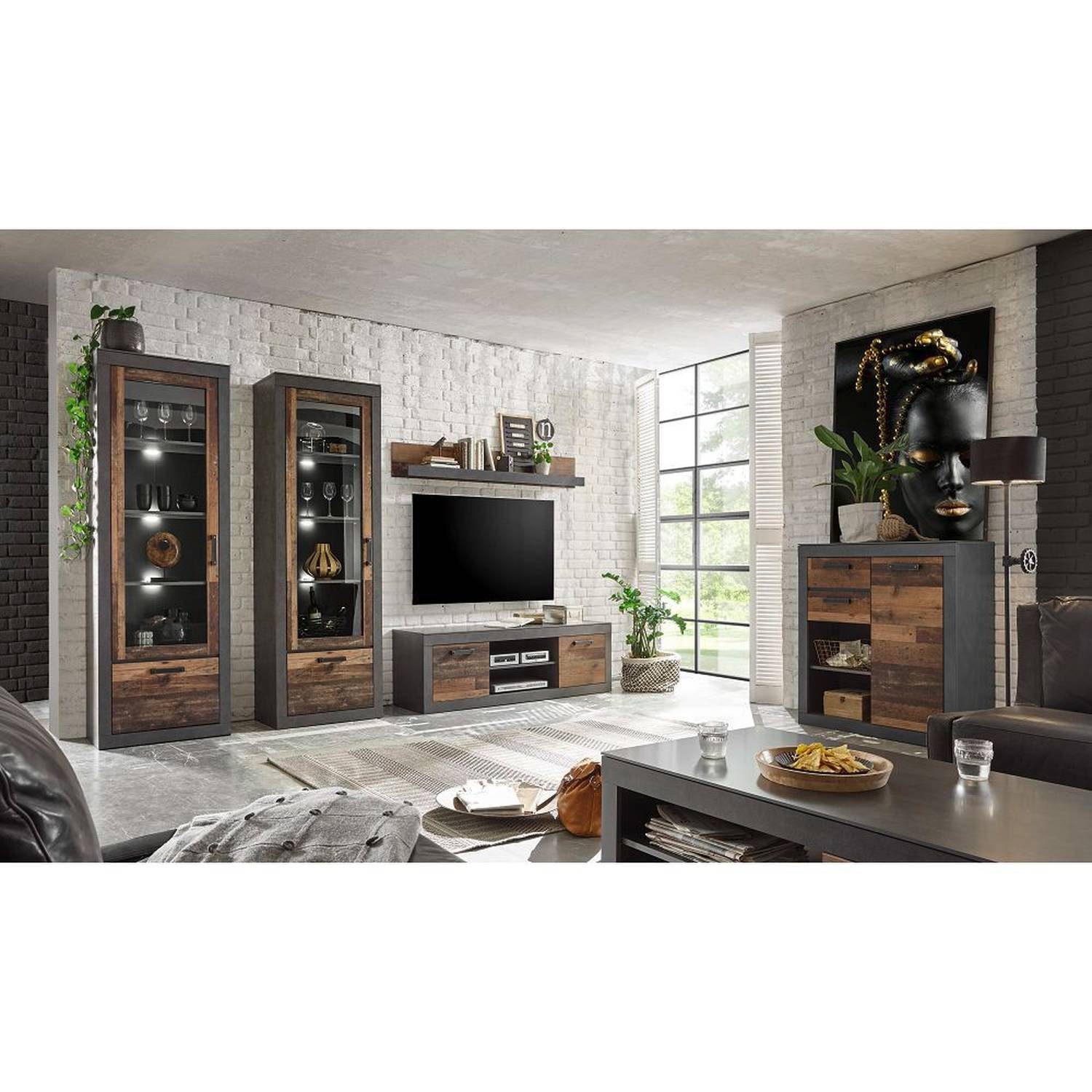 Lomadox Wohnwand Berlin 61 3 Tlg Set Im Industrial Design In Old Mix Dekor Mit Matera Grau 2 Vitrinen Inkl Led Kommode Und Tv Lowboard B H T Ca 435 201 43 Cm Online Kaufen Otto