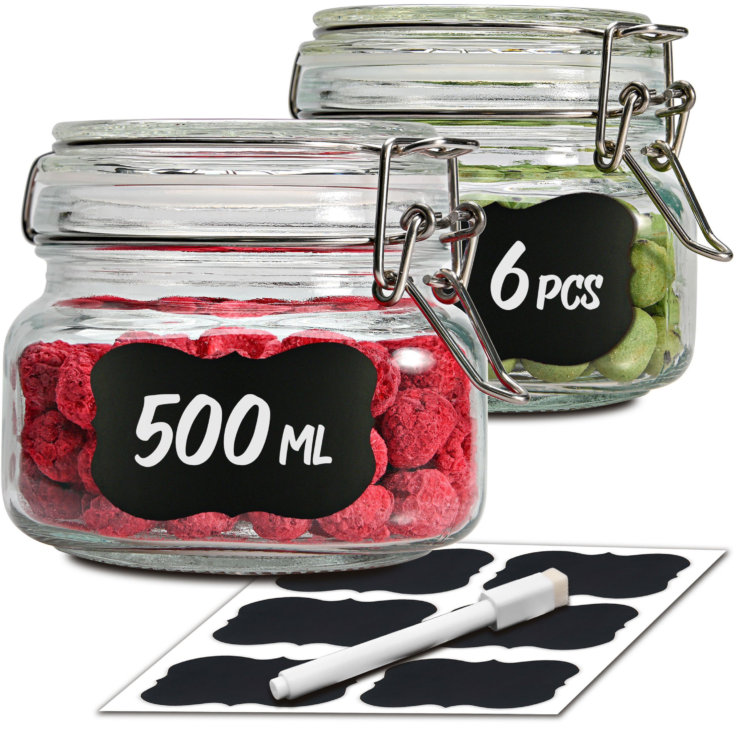 Praknu Vorratsglas 6 Vorratsgläser Bügelverschluss 500ml, Glas, (Set, 6-tlg), Luftdichte Deckel mit Dichtung, Vorratsbehälter für Lebensmittel