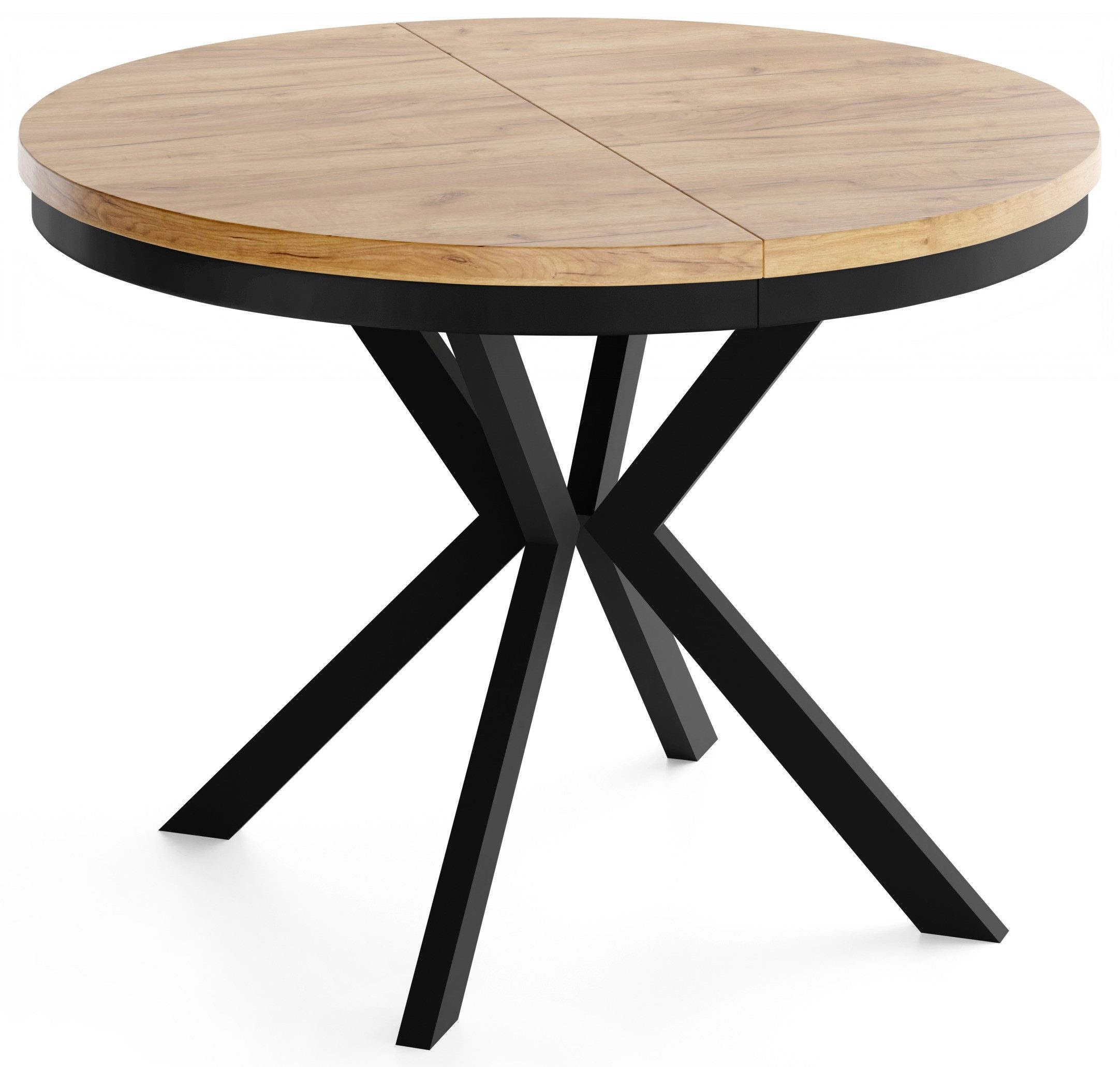WFL GROUP Esstisch Ross ausziehbar rund industrial mit schwarzen Metallbeinen (MADE IN EU, erhältlich in 3 Größen – 90/100/120 cm ausziehbar auf 170/180/200 cm), platzsparender Tisch in Holzoptik für Küche, Esszimmer oder Wohnzimmer