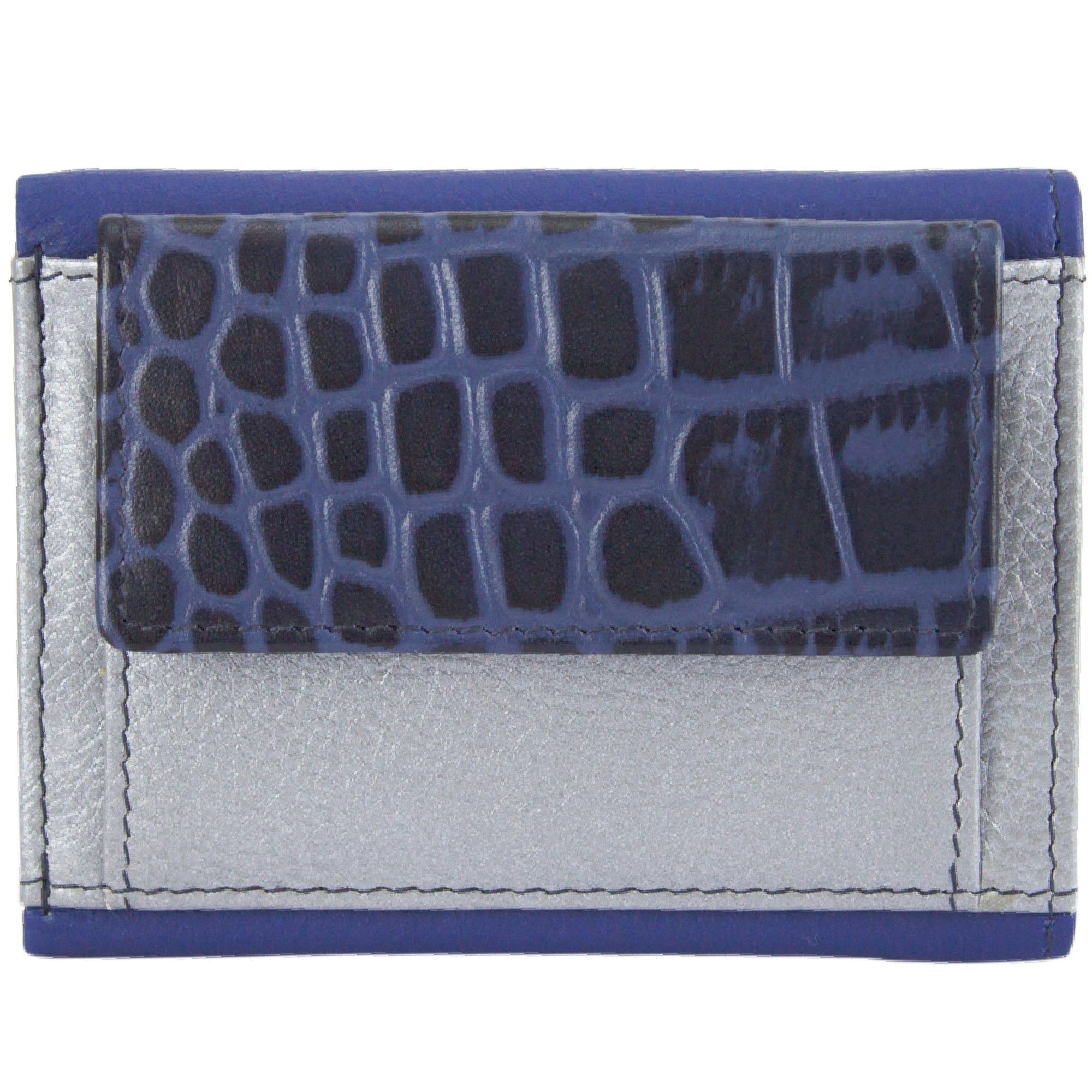 Sunsa Mini Geldbörse Mini klein Leder Geldbörse Geldbeutel Portemonnaie Brieftasche, echt Leder, aus recycelten Lederresten, mit RFID-Schutz, Unisex blau/silber