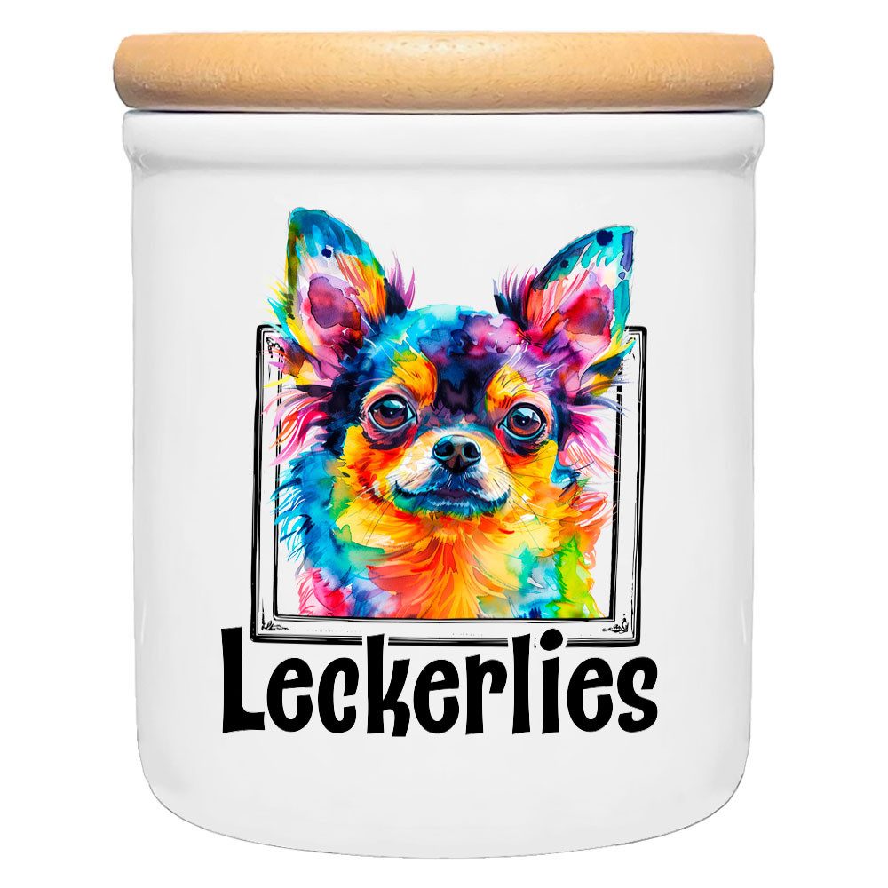 Cadouri Vorratsdose CHIHUAHUA - Leckerlidose Hund - für Hundekekse, Keramik, (Leckerlidose mit Hunderasse, 2-tlg., 1x Keramikdose mit Holzdeckel), Hundekeksdose, handgefertigt in Deutschland, für Hundebesitzer, 400 ml