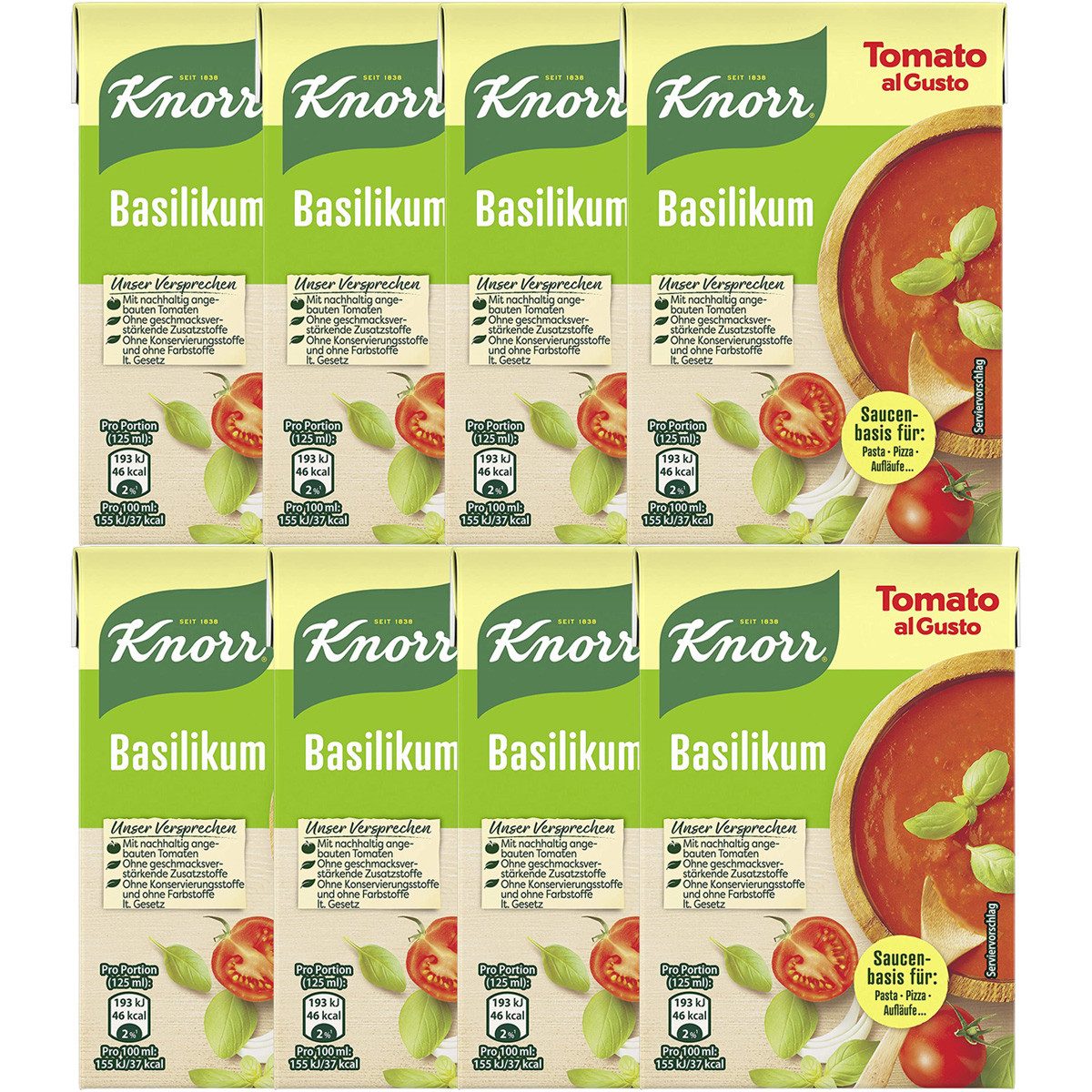 Knorr Saucen, Knorr Tomato al Gusto Basilikum für Pasta und Pizza 370g 8er Pack