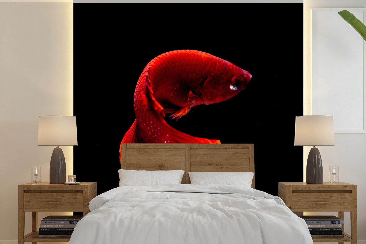 - Meerestier Fisch Fototapete (4 Wohnzimmer - Rot, Vliestapete - MuchoWow für Küche, Fototapete St), Schwanz Matt, Schlafzimmer bedruckt,