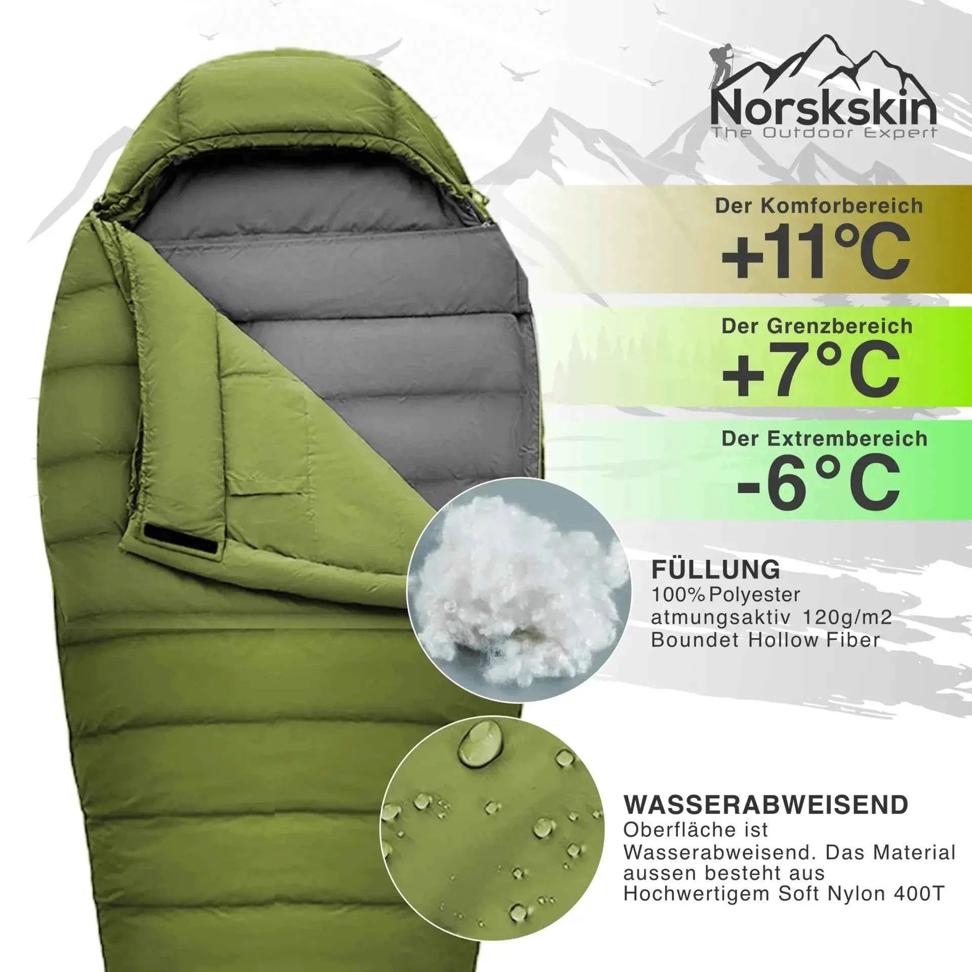Norskskin Mumienschlafsack Mumienschlafsack Norskskin Ultralight Green 800 g 205 cm Koppelbar, Ultraleicht, 2 Wege Reißverschluss, Kopfkissenfack, Mumienschlafsack