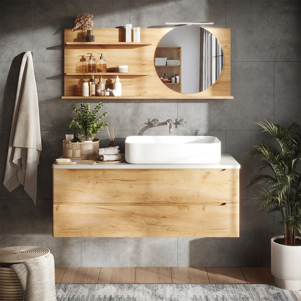 Vicco Badezimmerspiegelschrank Avena, Eiche, 120 x 50 cm mit 3 offenen Fächern (1-St)