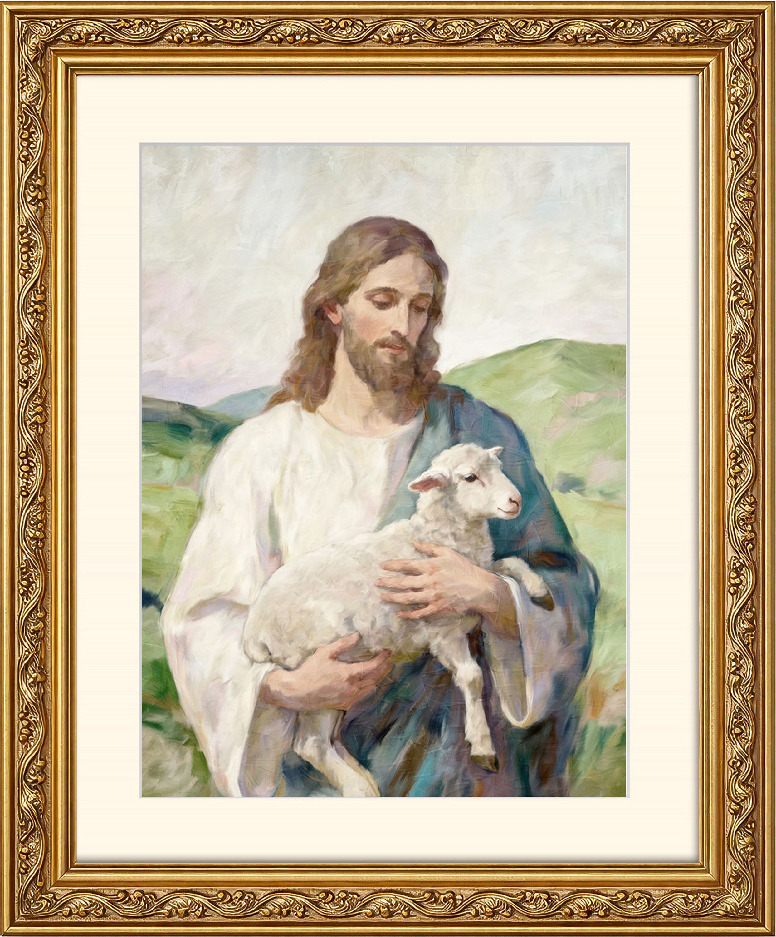artissimo Bild mit Rahmen Wandbild gerahmt 53x63 cm Kunstdruck mit Passepartout & Barock-Rahmen, Kimberly Allen: Little Lamb / Jesus