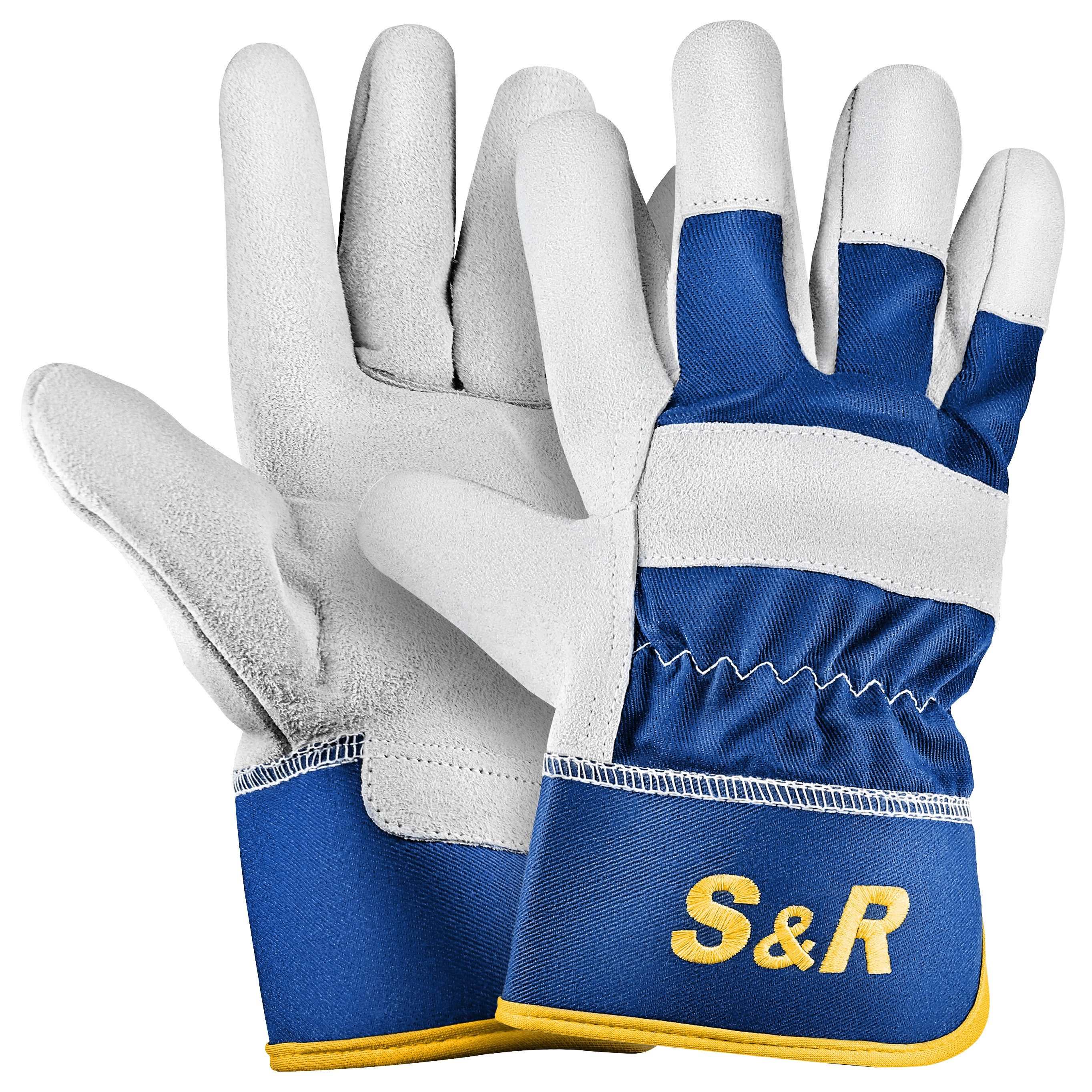 S&R Leder-Arbeitshandschuhe 4 Paar, Größe XXL/11, Bau- und Gartenhandschuhe flexibles Echtleder (Set, 8-St., 4 Paar XXL / 11) Schutz-Handschuh für Metall- und Forstarbeiten, Handwerk