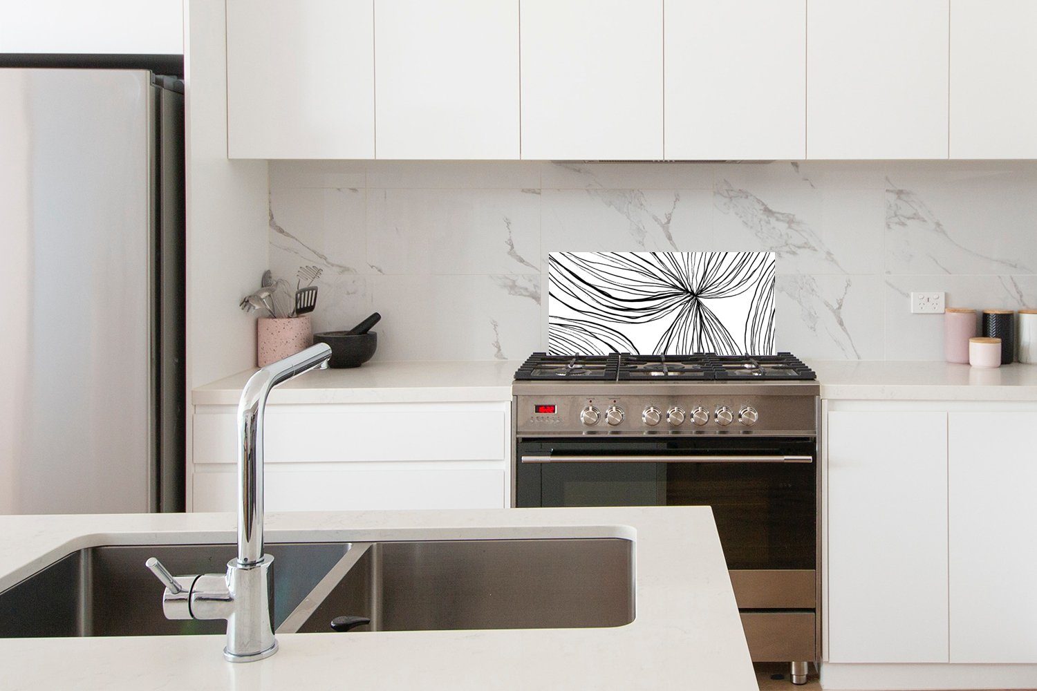 gegen Kunst - und Linien cm, Weiß Wandschutz, Küchen Schmutzflecken 60x30 für Küchenrückwand Schwarz, (1-tlg), MuchoWow Fett - -