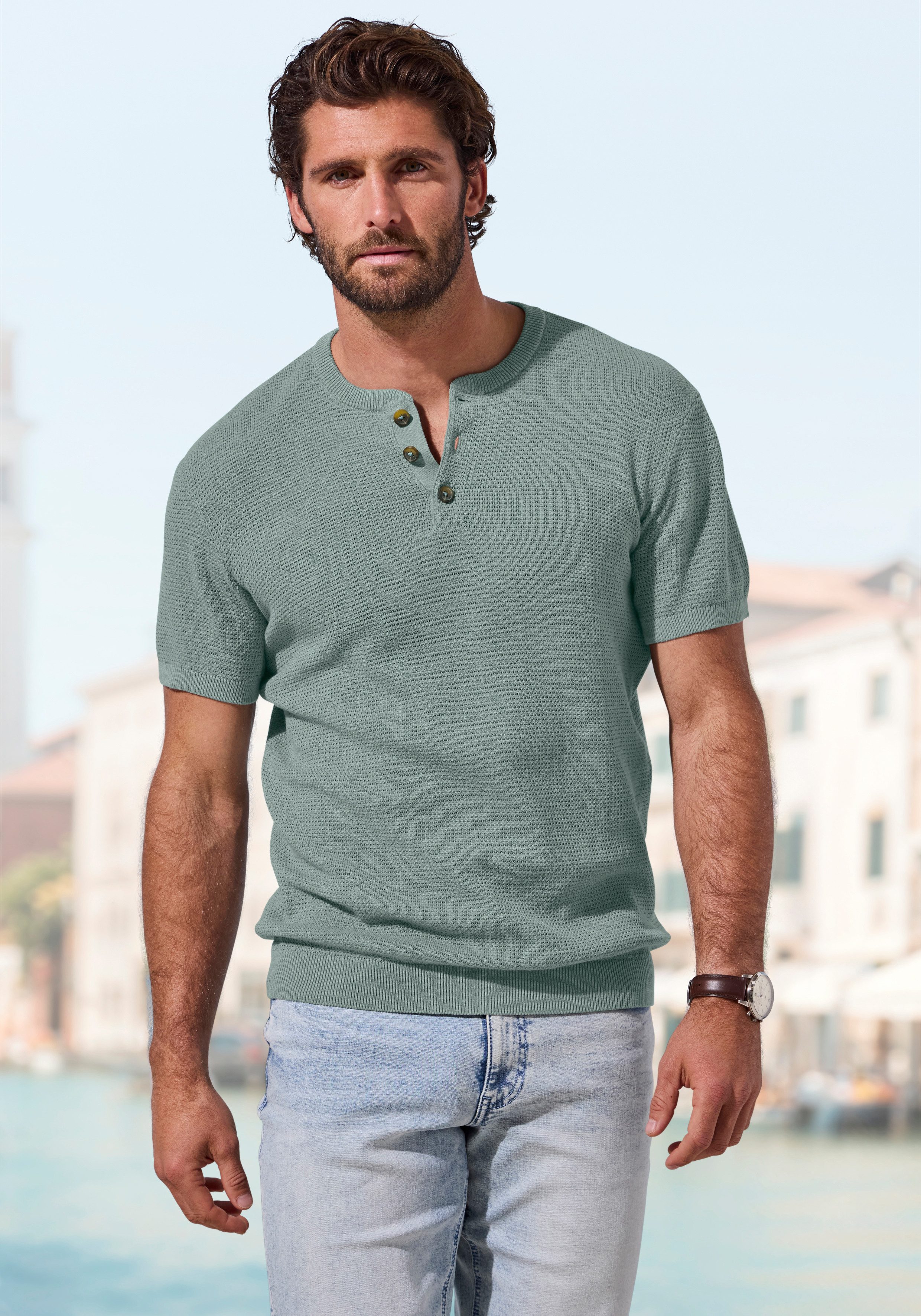 John Devin Henleyshirt - Strickshirt Rundhalsausschnitt mit kleiner Knopfle günstig online kaufen