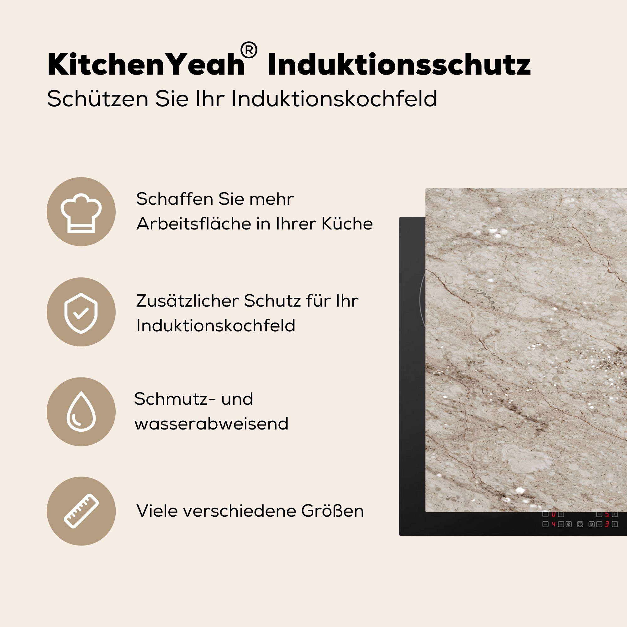 Herdblende-/Abdeckplatte 78x78 Arbeitsplatte Ceranfeldabdeckung, cm, (1 - MuchoWow küche - für tlg), Vinyl, Marmor Stein Braun,