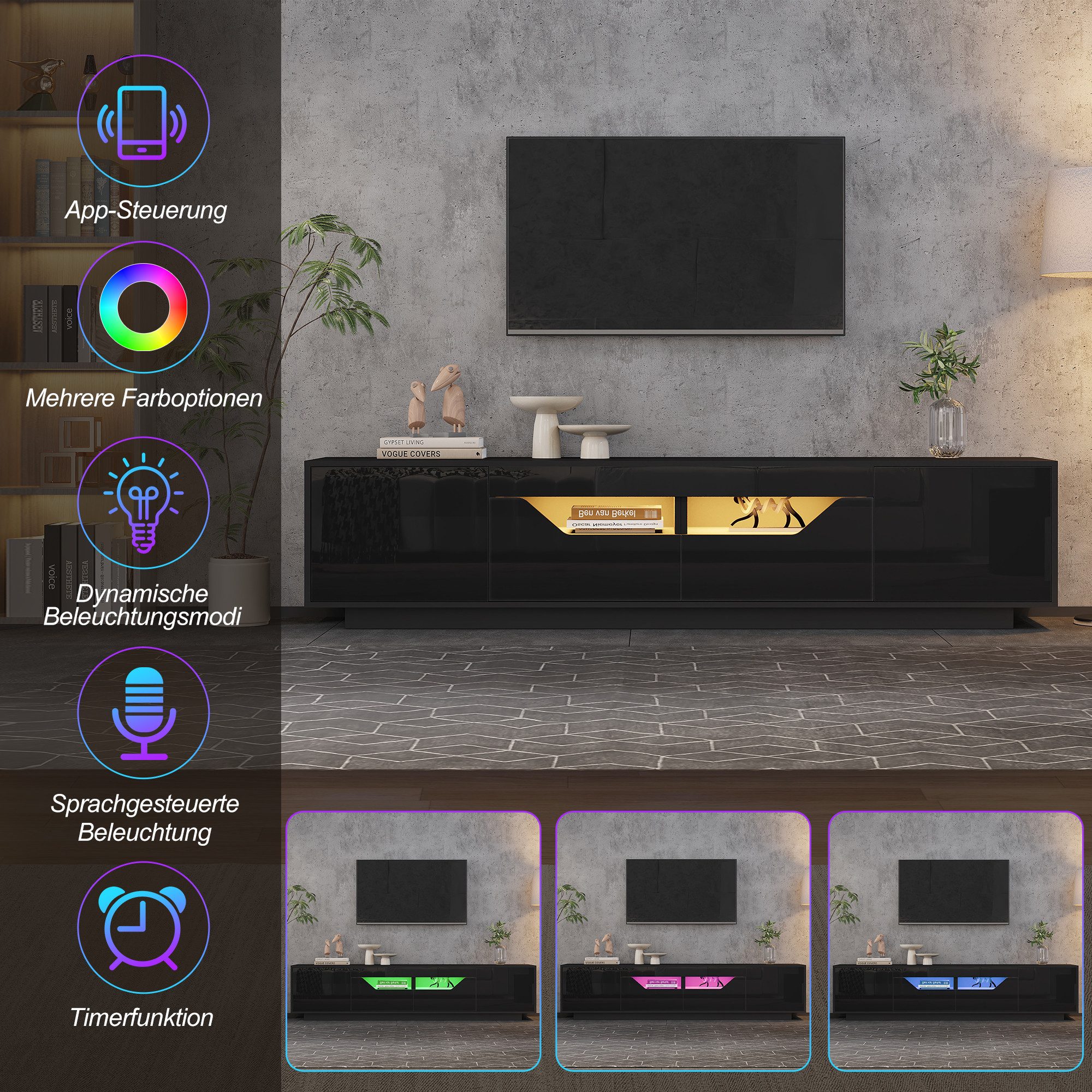 Merax Lowboard hochglanz Fernsehschrank mit LED-Beleuchtung (Für Fernseher bis 75 Zoll, 1 St., Push-to-Open-Funktion), TV-Schrank mit 2 Schubladen,2 Schränken & – Bild 5 von 5