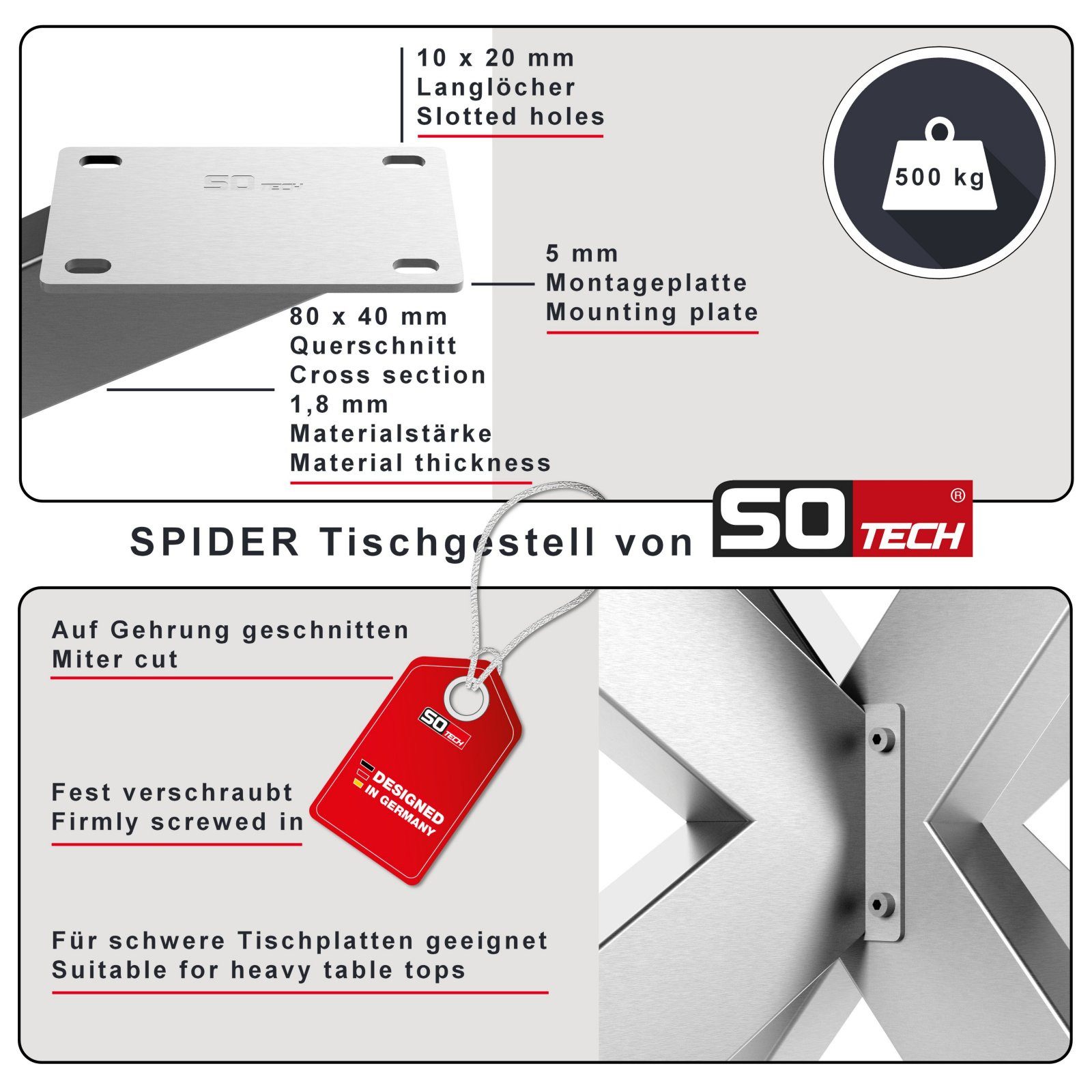 SO-TECH® Tischgestell SPIDER Schwerlast belastbar bis 500 kg, einfache Montage, Couchtisch Sofatisch, echt Edelstahl, H430 x B580 x L980 mm