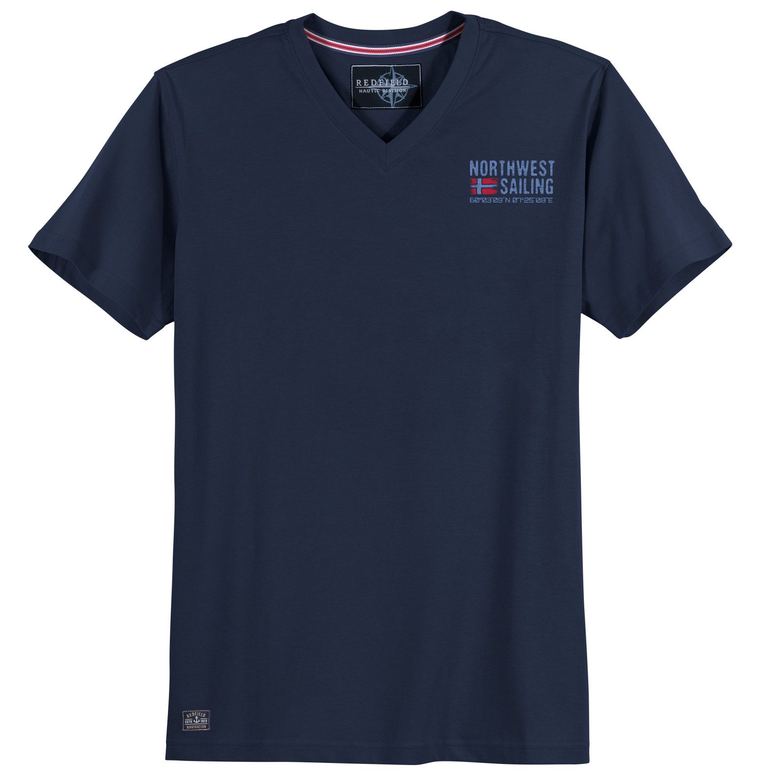 redfield Print-Shirt Redfield Übergrößen T-Shirt V-Neck navy Brustprint günstig online kaufen