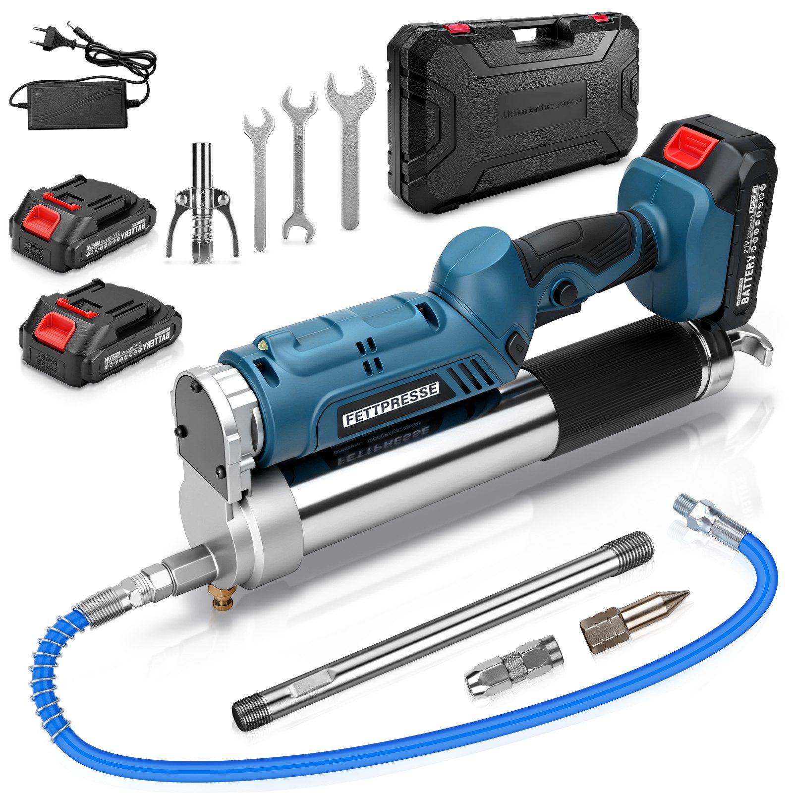 XERSEK Akku-Kartuschenpistole Akku Fettpresse 2-in-1 Elektrische Schmierpistole 12000 PSI 3 Düse, 600 ml, (Set, 2 Akkus Bürstenloser Motor, 100cm Flexschlauch, LED, 600g Kapazität), Für Lager, Hydraulik, Maschinen, Fahrzeuge, Landwirtschaft & Bau