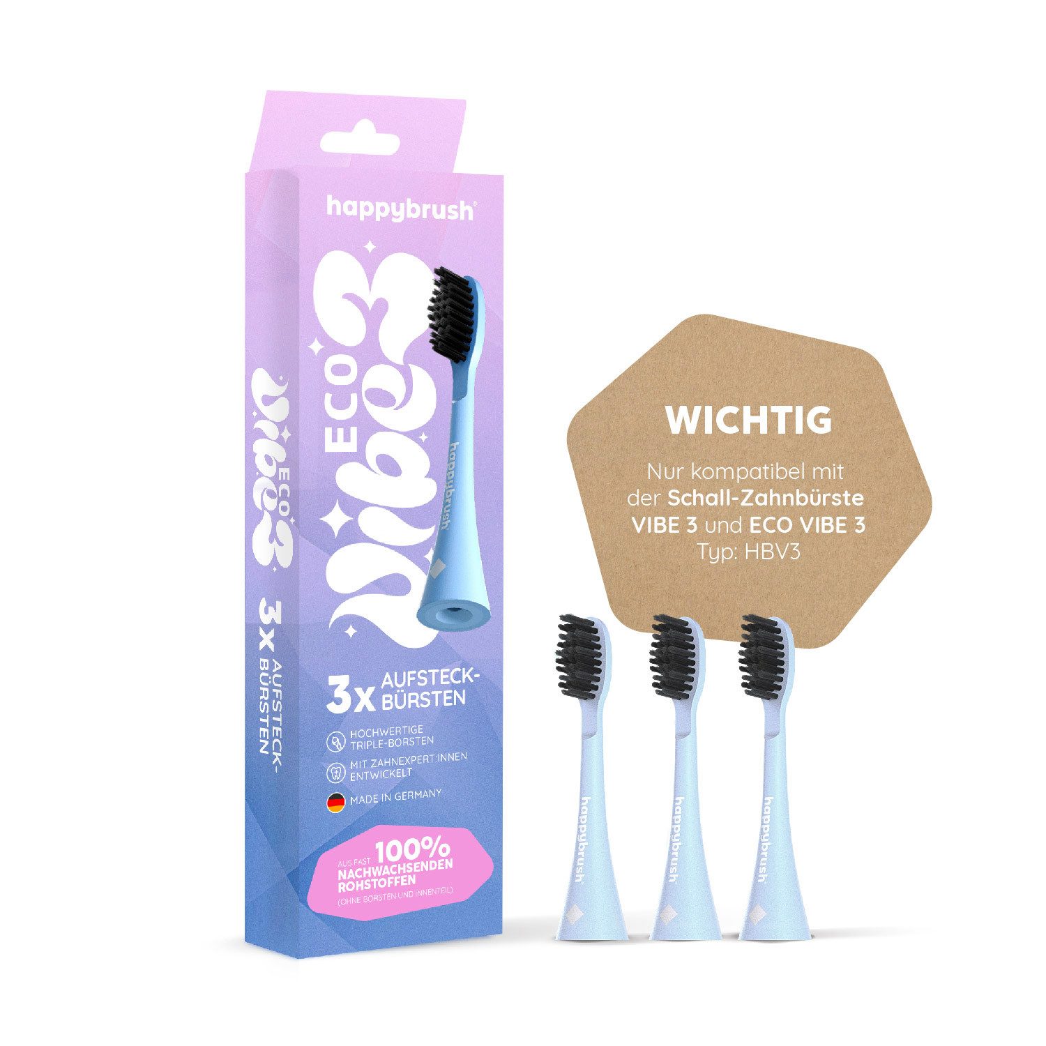 happybrush Aufsteckbürsten V3 Sunrise - mit Wechselindikator - 3x3 Stück - Spar-Set, für happybrush Eco Vibe 3, hochwertige Triple-Borsten, Wechselindikator