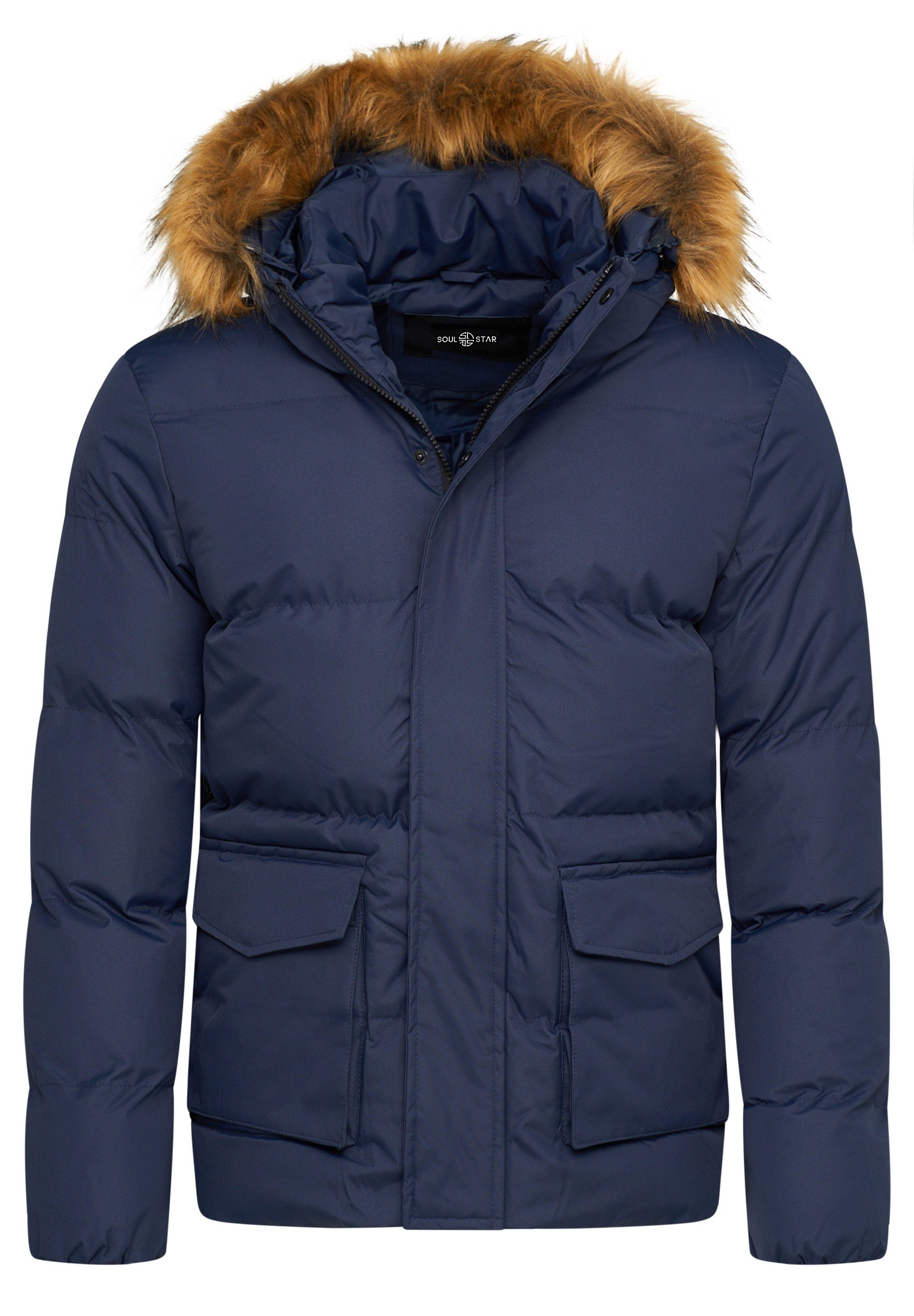 SOULSTAR Winterjacke S2RISOR Parka Lang Puffer Jacke mit Kapuze & abnehmbarem Kunstfell Pufferjacke Navy