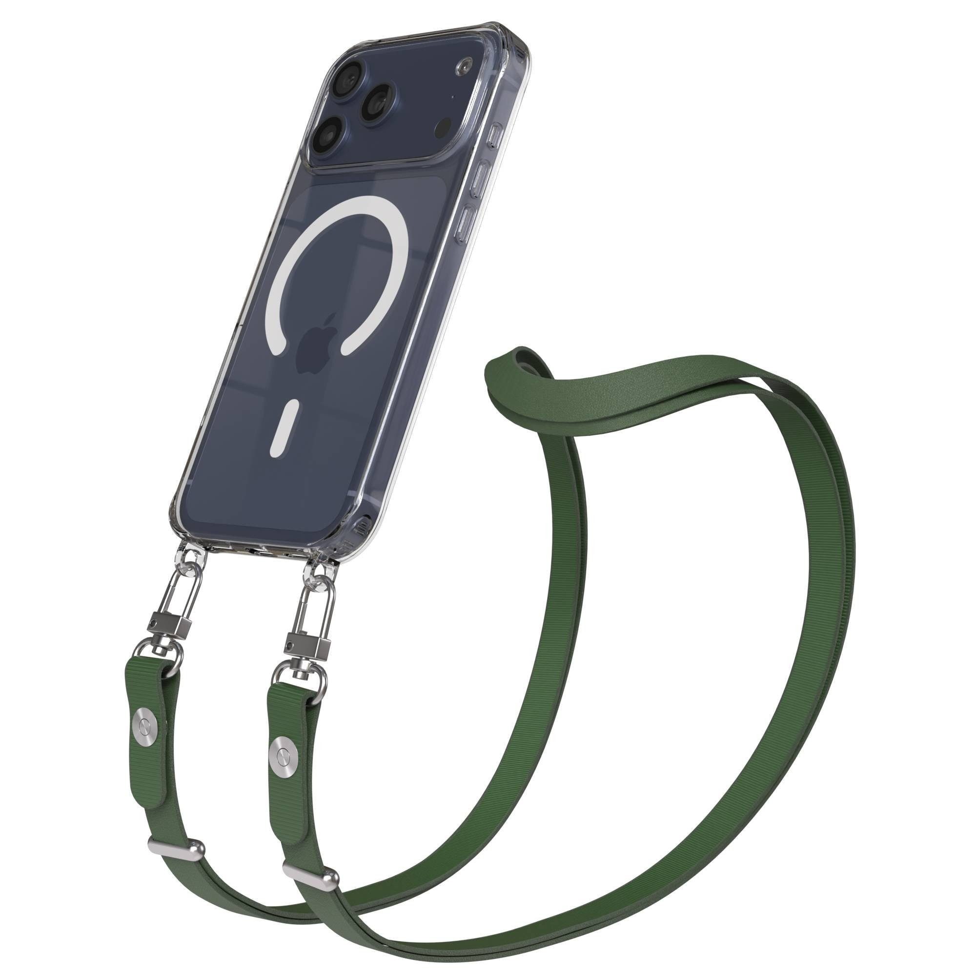 EAZY CASE Handykette für Apple iPhone 17 Pro Max Handyhülle mit Handyband magnetisch, MagSafe Handyhülle in Dunkelgrün mit 2x2 Connectoren und Magnetband